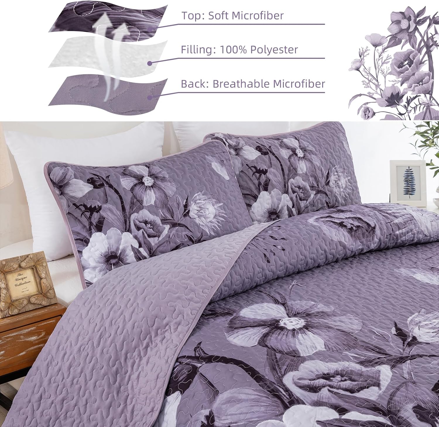 Floral Quilt Set Queen 3 Pieces Dark Purple Boho Flower Quilt Coverlet Set Soft Microfiber Lightweight Floral Quilted Bedspread with 2 Pillow Shams for All Season 90"x96" - Image 7