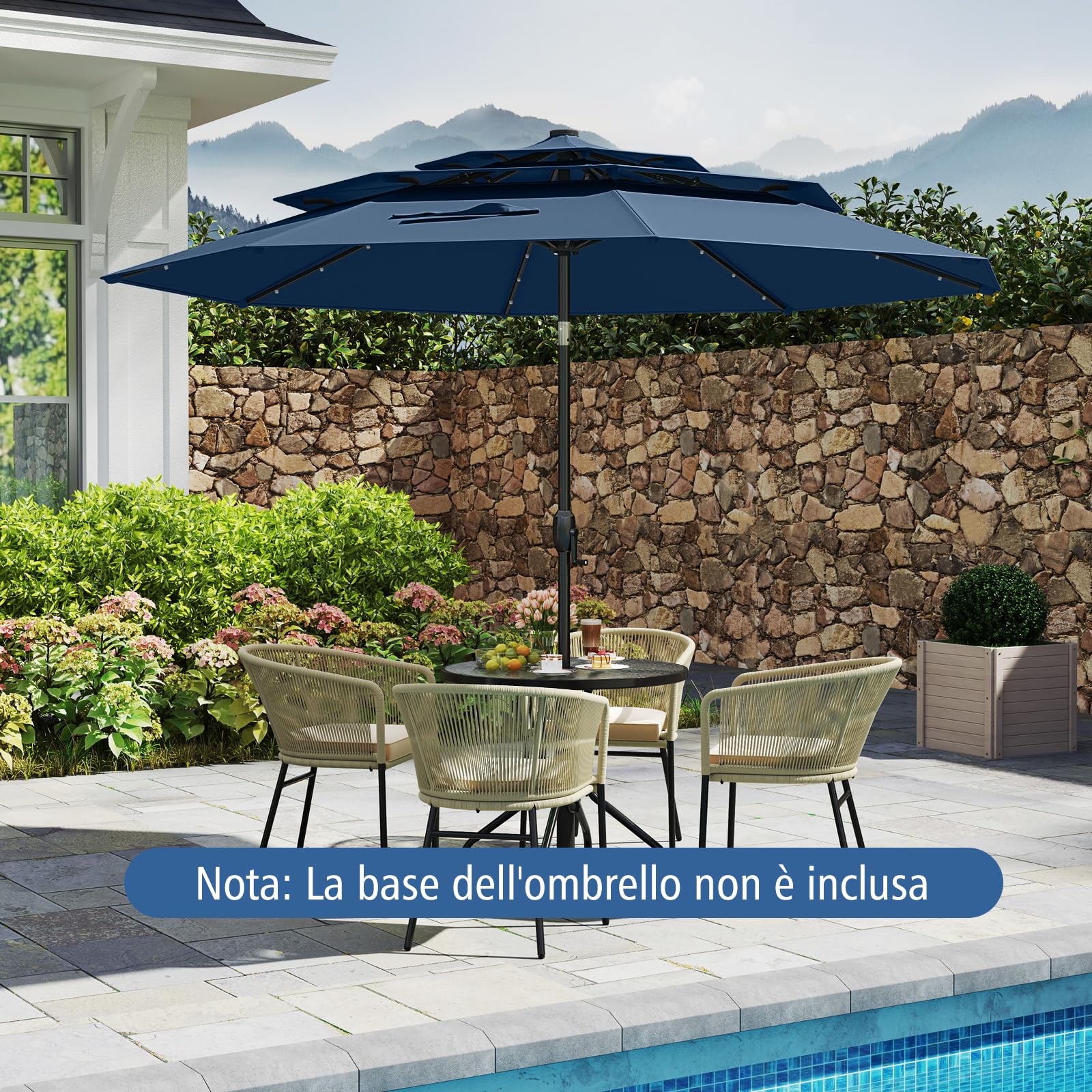 COSTWAY Ombrellone da Patio 297 cm con 32 Luci LED, Tetto Ventilato a 3 Piani, Inclinazioni Regolabili, Manovella, 8 Stecche, Ombrellone da Giardino, Piscina, Spiaggia (Blu)