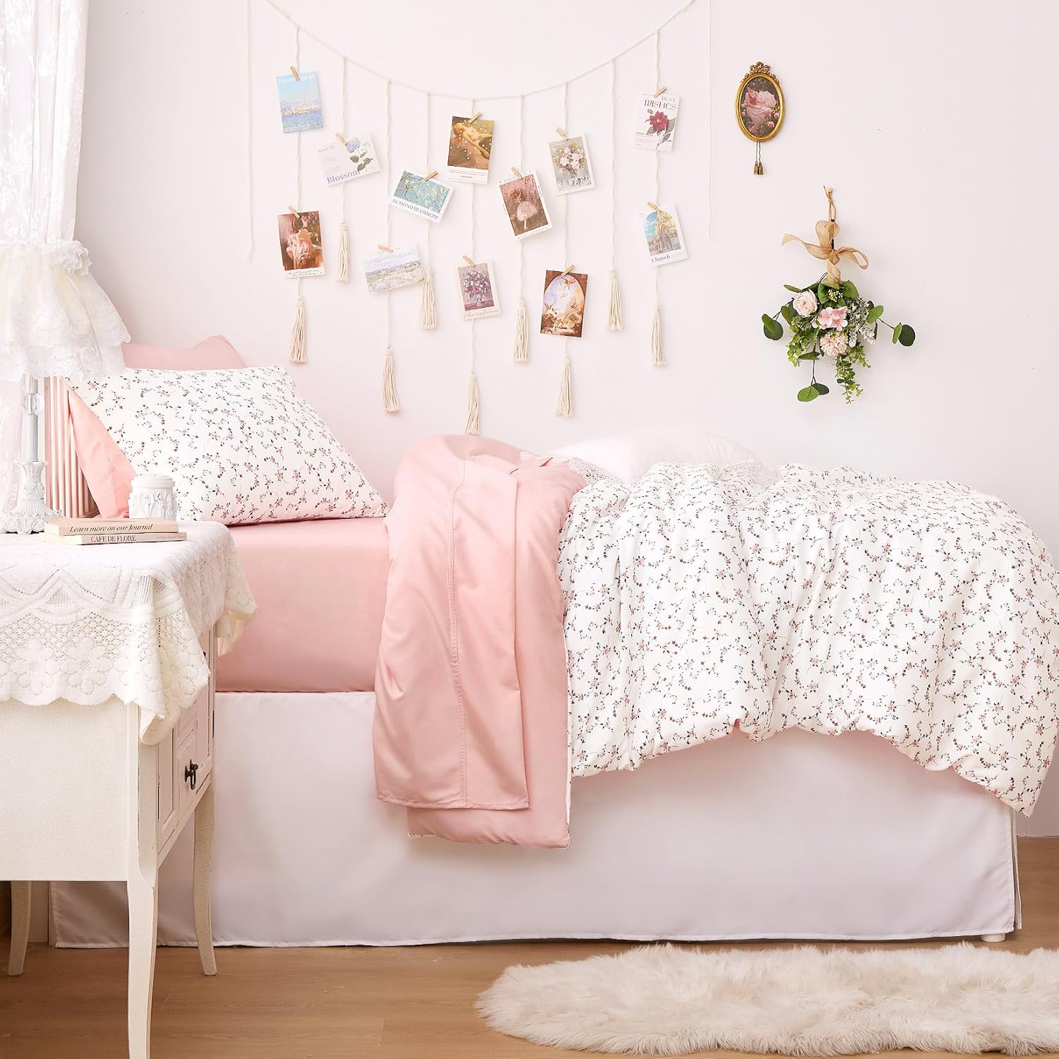 Wake In Cloud - Floral Comforter Set, Coquette Cottagecore Aesthetic Cute Flower Pattern for Women Teen Girls, Soft Lightweight Dorm Bedding, 3 Piece, Pink, Twin/Twin XL Size - Image 8