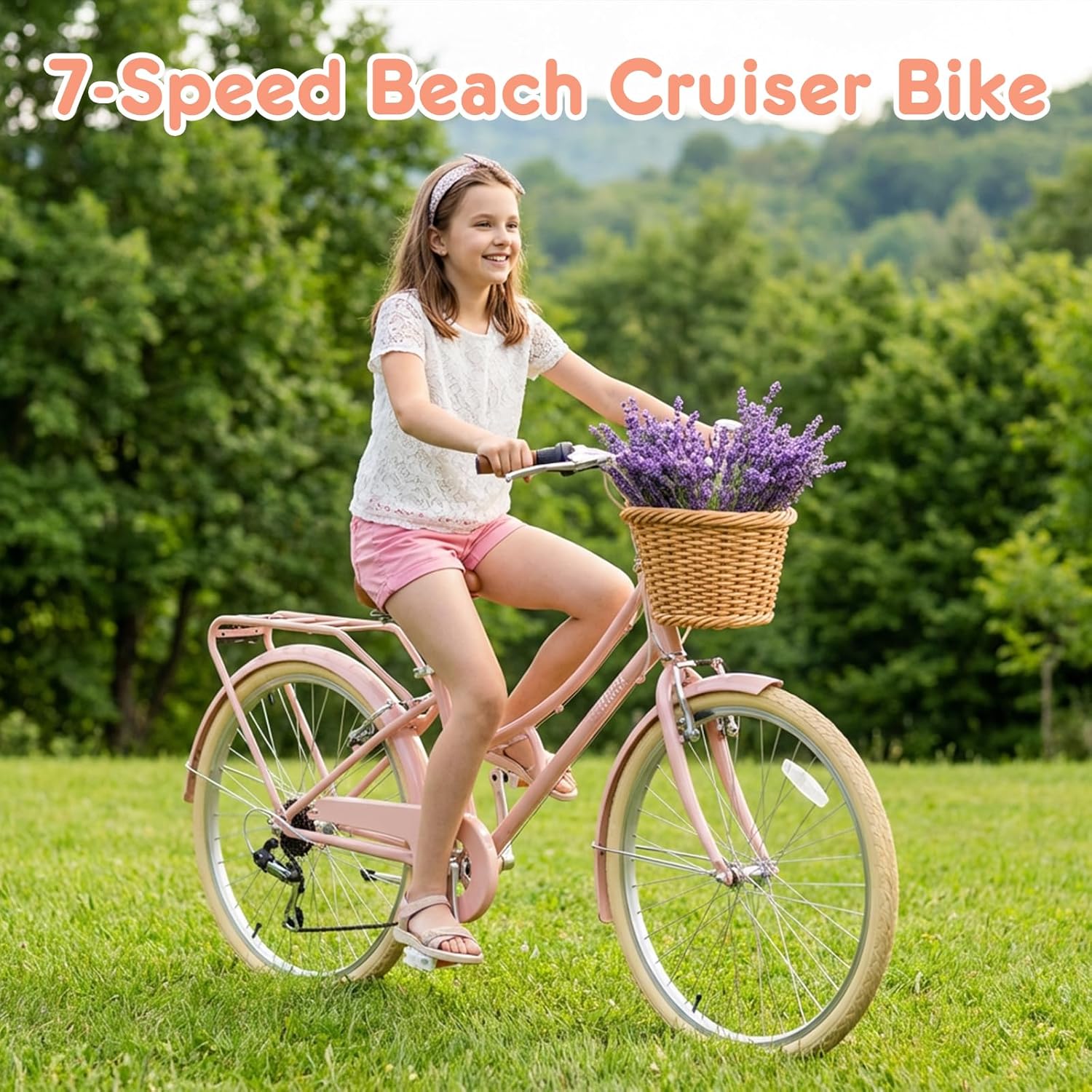 67i Retro Cruiser Bike for Girls Youth, 20/24/26 Inch Girls Bike Lightweight Hybrid City Bike with Wicker Basket & Rear Rack, Durable Steel Frame for Ages 6-14