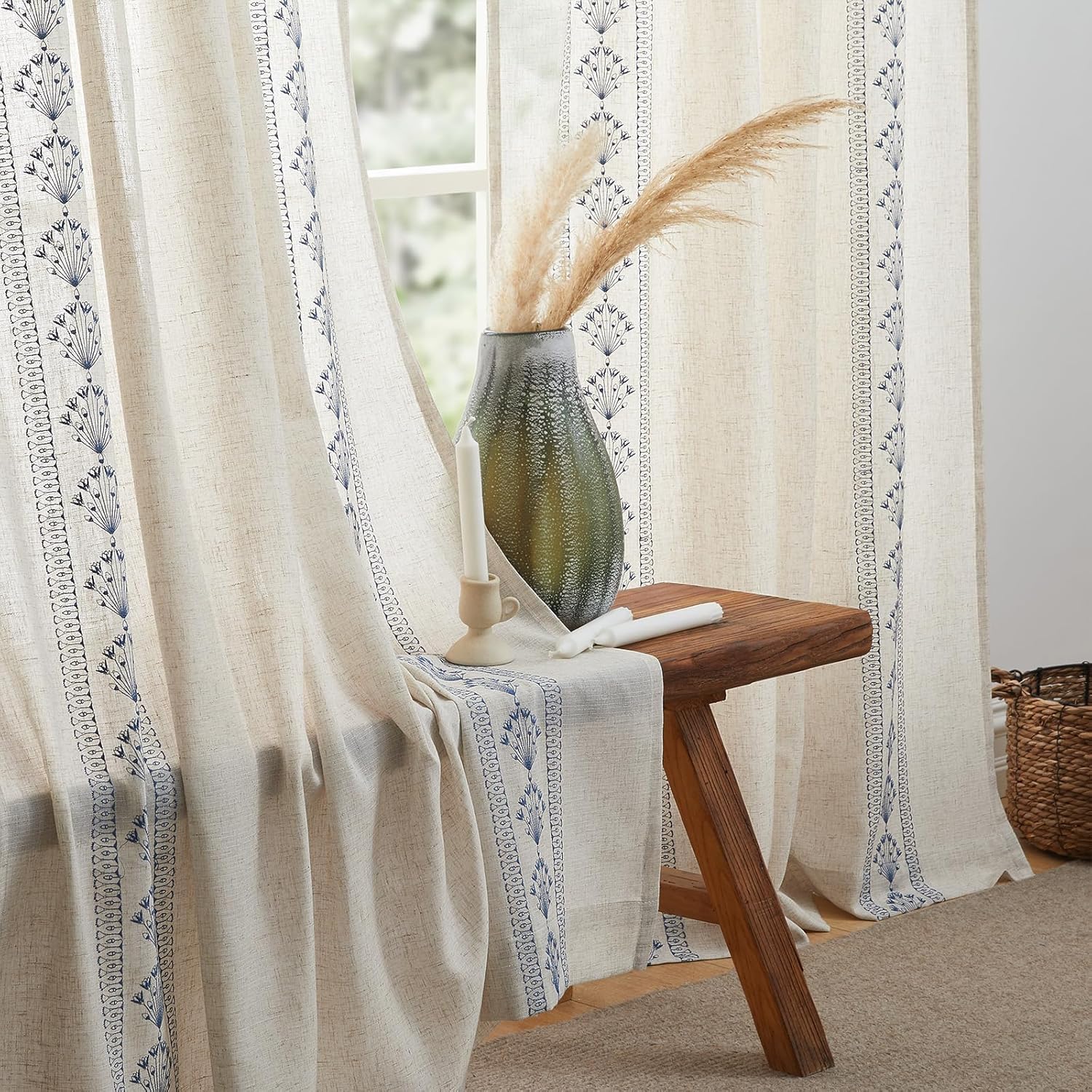 Modern Farmhouse Linen Curtains 120 Inches Length 2 Panels, Embroidered Semi Sheer Curtains for Living Room Bedroom, Light Filtering Boho Country Drapes, Sage Green Floral on Beige