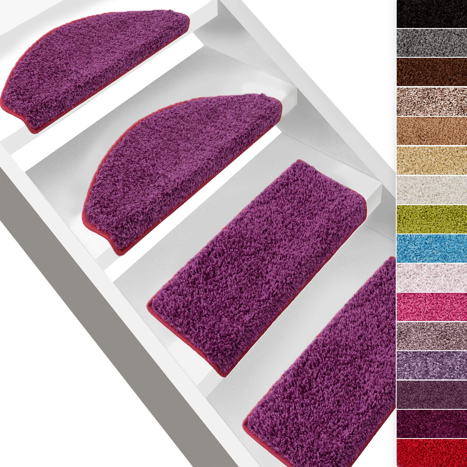 FLODI. Barcelona Deep Pile Stair Tread Mats, Shaggy Carpet Stair Mats, Anti Slip Self Adhesive Carpet Runner Pads (Berry, Semicircular - 23 x 65 cm)