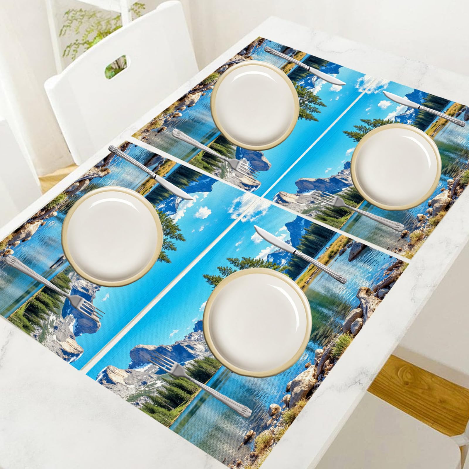 Set di 8 Tovagliette Americane Lavabili Cotone Lino Paesaggio Naturale - Tovaglietta Americana Stoffa Resistenti al Calore Durevole Catene Montuose Cime Innevate- per Colazione Pranzo