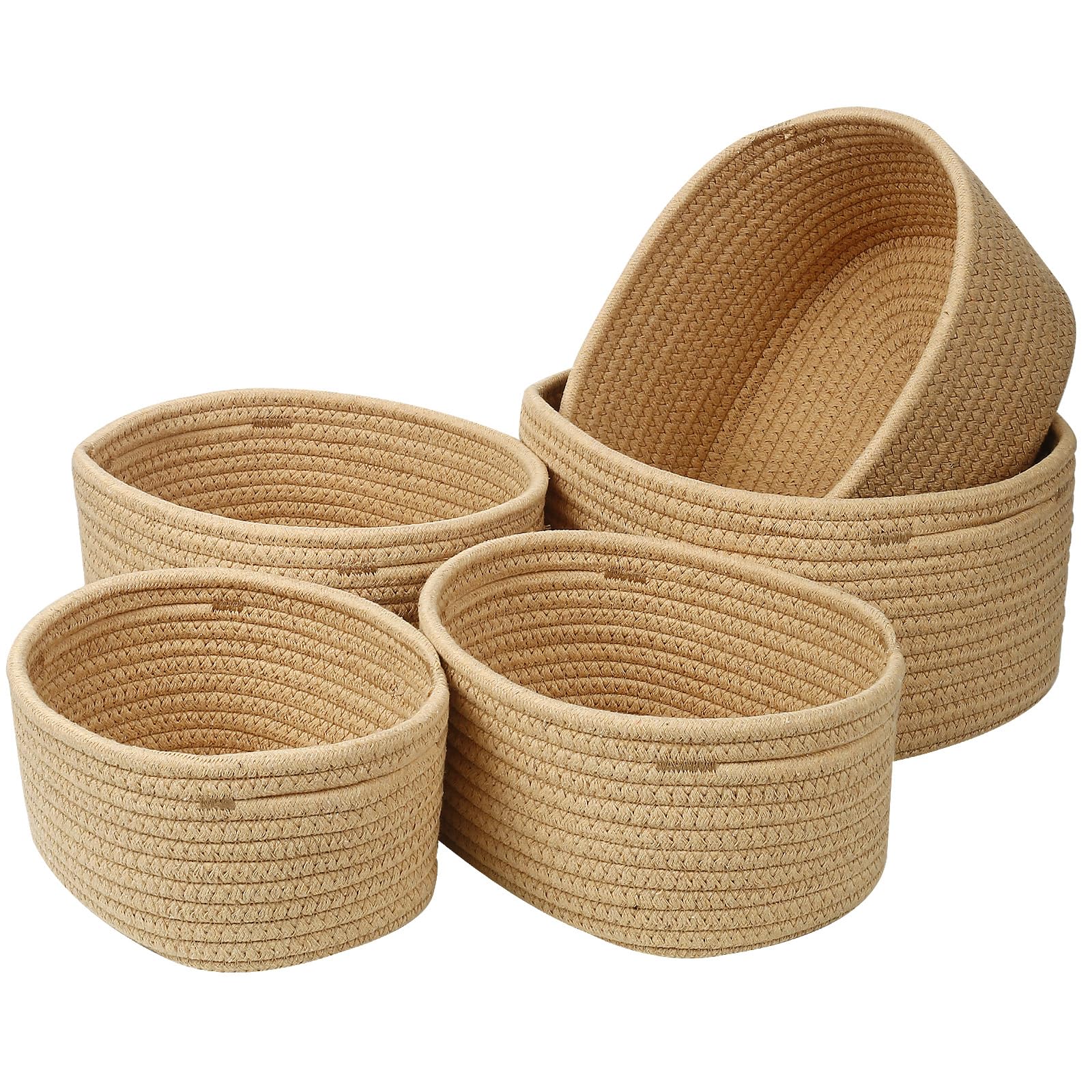 Lot de 5 Panier Rangement, Panier de Rangement,Salle de Bain Corbeille Enfan, Corbeille Rangement pour Salle de Bain, Cuisine, Organisateur Empilables à Usages Multiples(Jute)