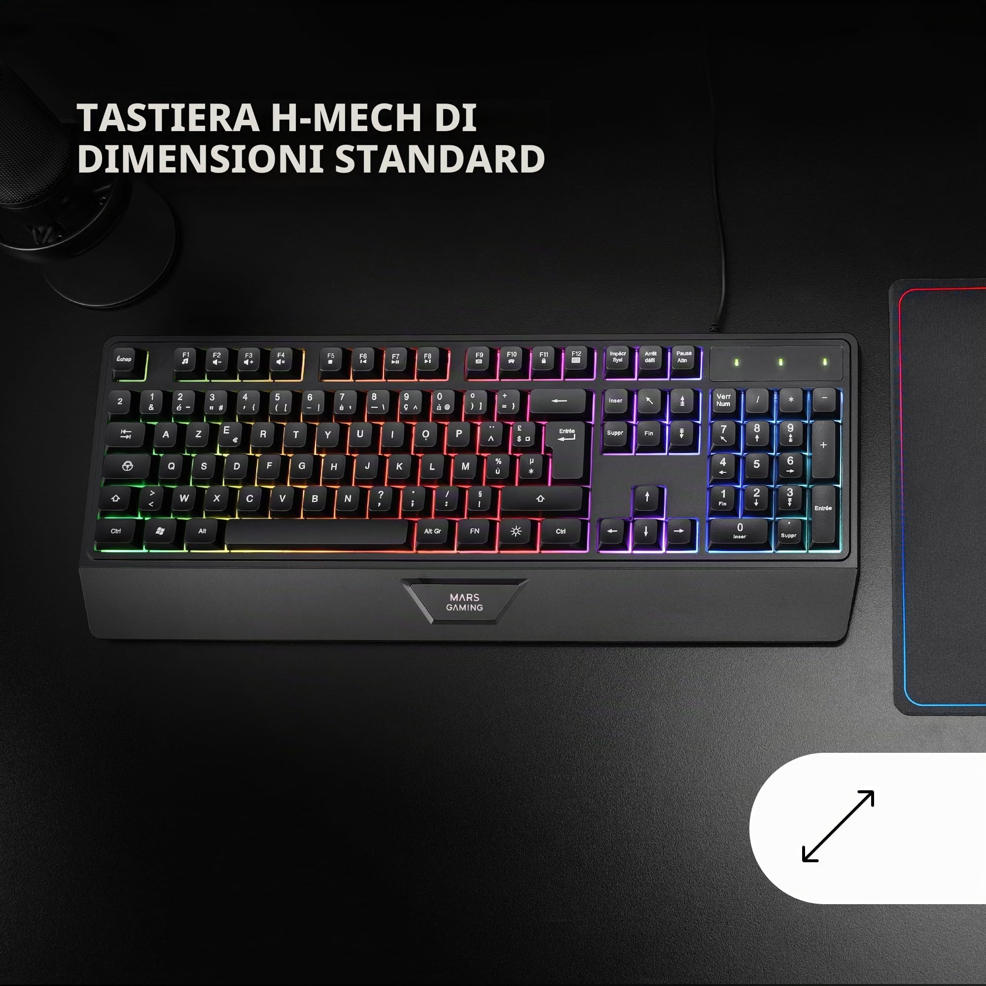 Mars Gaming MK124, Lingua Spagnolo, Tastiera Ergonomica H-Mech Completa, Poggiapolsi Integrato, Illuminazione FRGB Rainbow, Gaming Antighosting, Multiplatforma, Nero