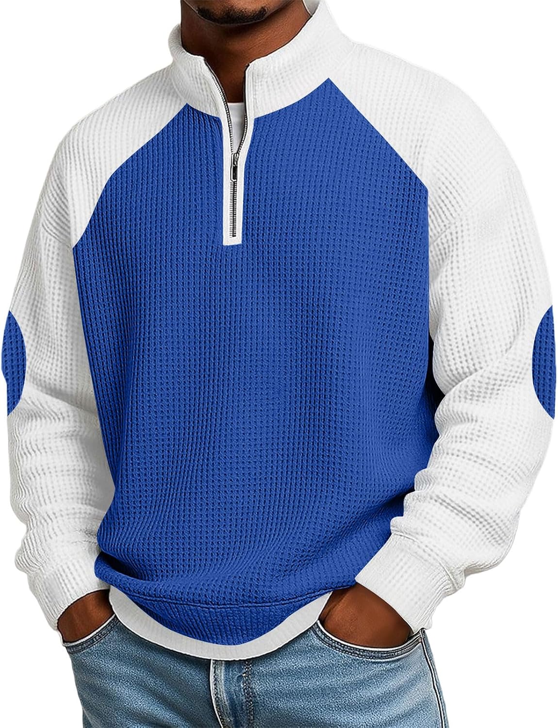 Cambkatl Men's Long Sleeve Waffle Summer T-Shirts, Color Block Loose Half Zip Stand Collar Pullovers Athletic Tee Tops