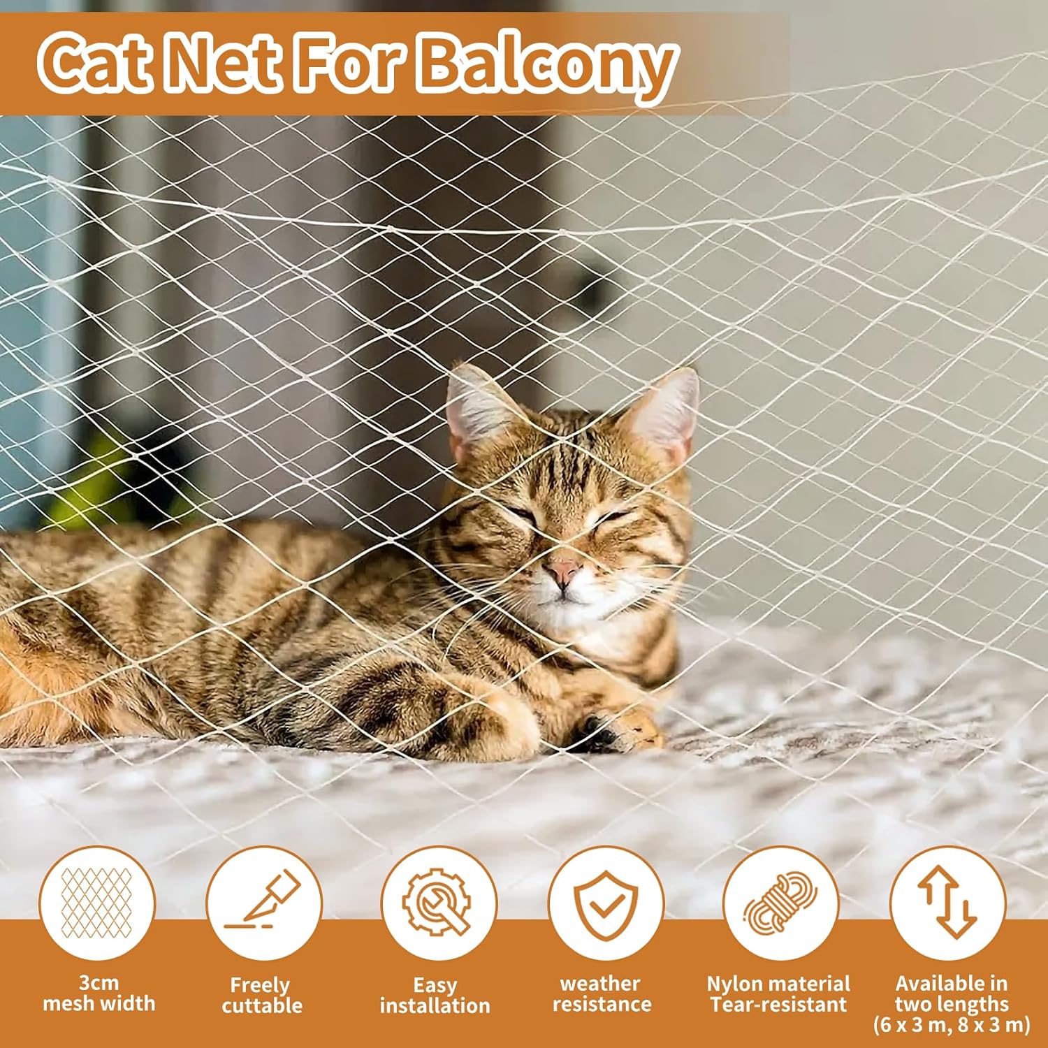 Cat Balcony Balcony, 20x10ft Nylon Pet Anti-Fall Fence Net, Cat Anti-Fall Fence Net for Balcony, Window, Stair, Patio for Small Medium Cats (26x10ft)