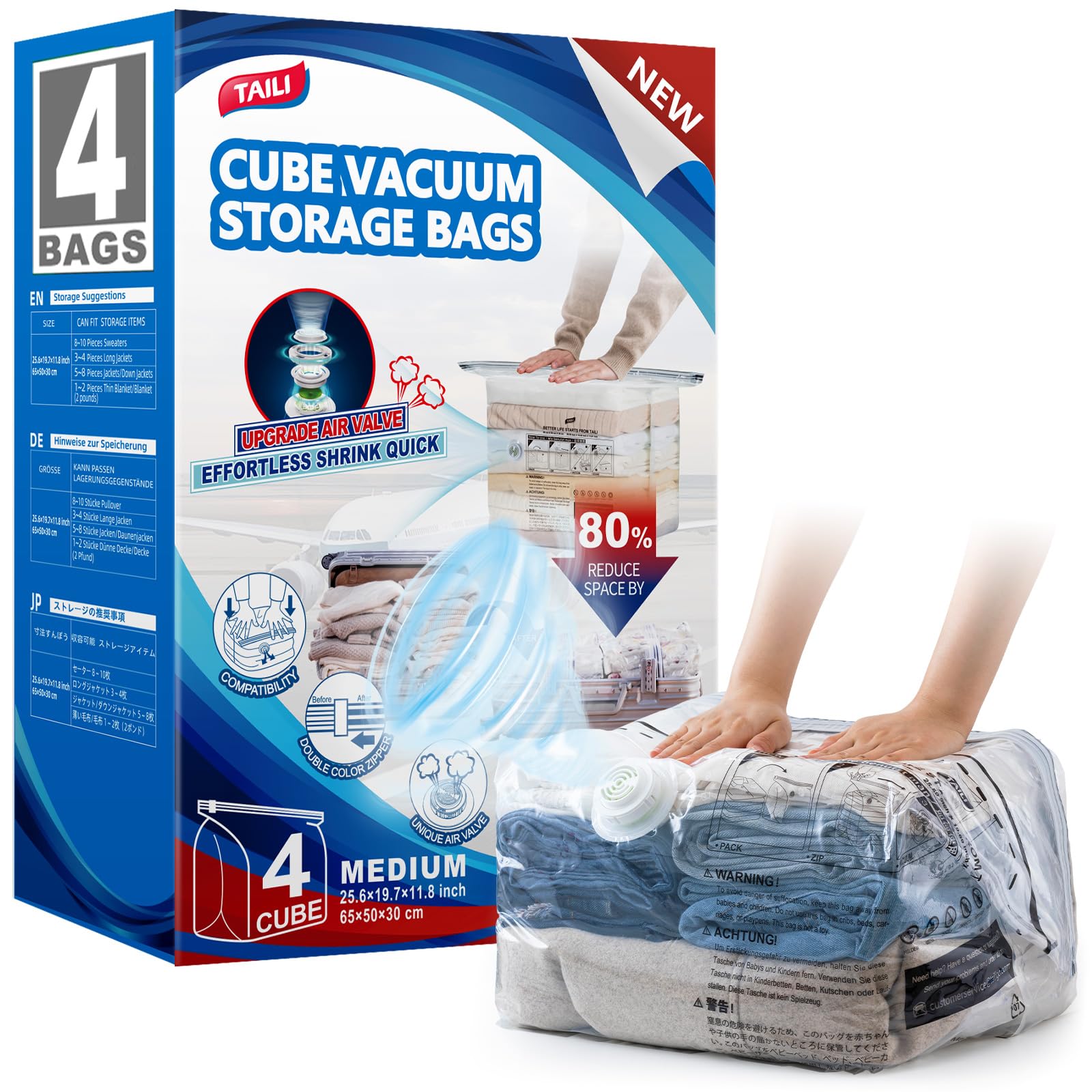 TAILI Cube Vacuum Storage Bags, 4 Pack Medium Size (25x19x11 Inch), Clear