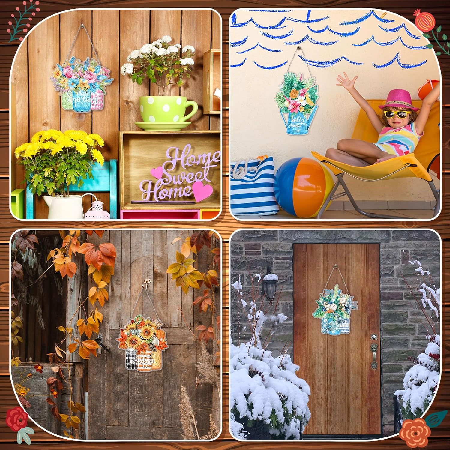 GlikCeil 12 Pcs Seasonal Flowers Diamond Art Wreath Kits Flower Mason Jar Diamond Painting Hanging Signs 5d DIY Holiday Ornaments for Wall Door Decor