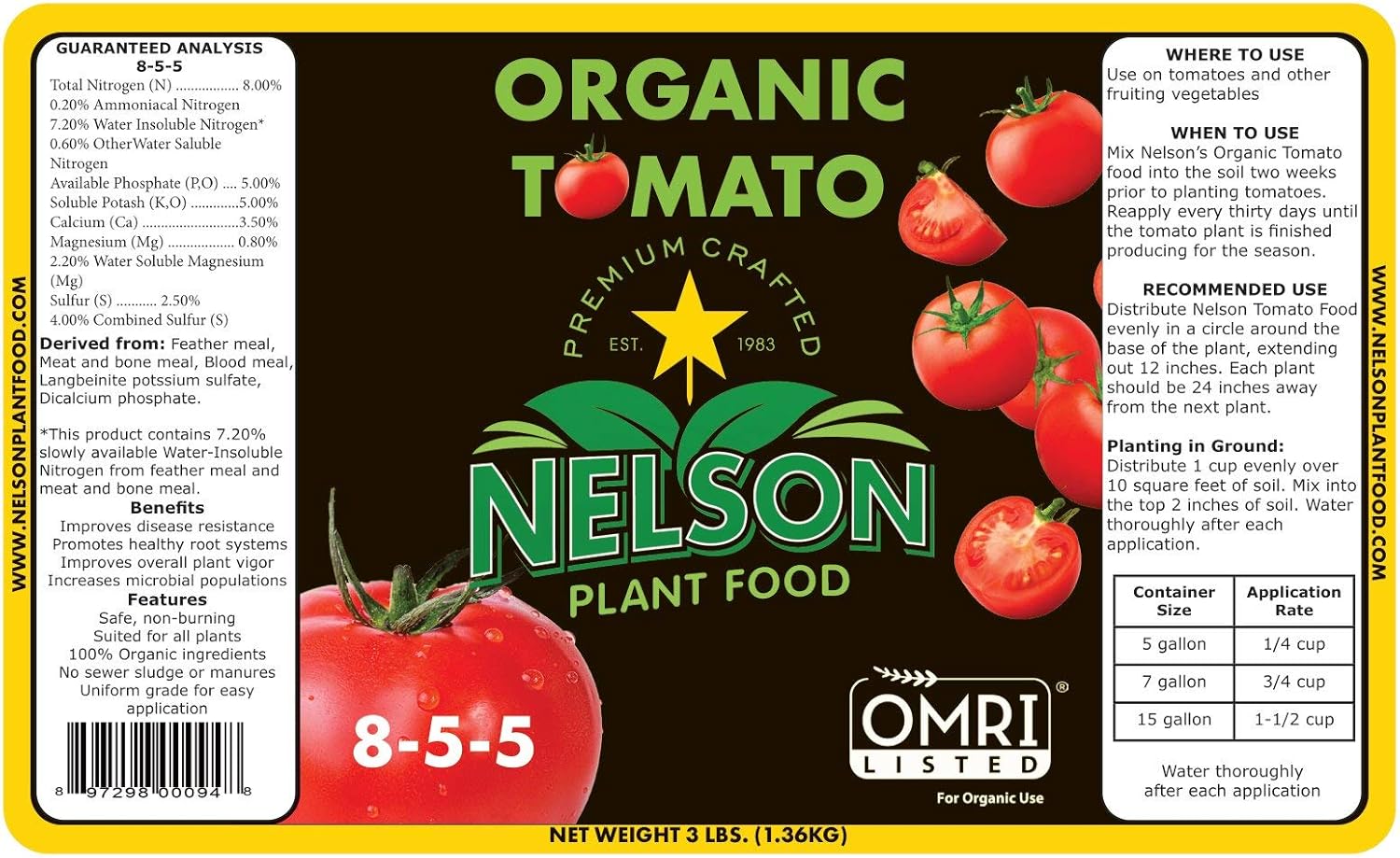 Tomato Fertilizer Organic OMRI Certified Safe Will Not Burn Indoor Outdoor Food for All Vegetables NPK 8-5-5