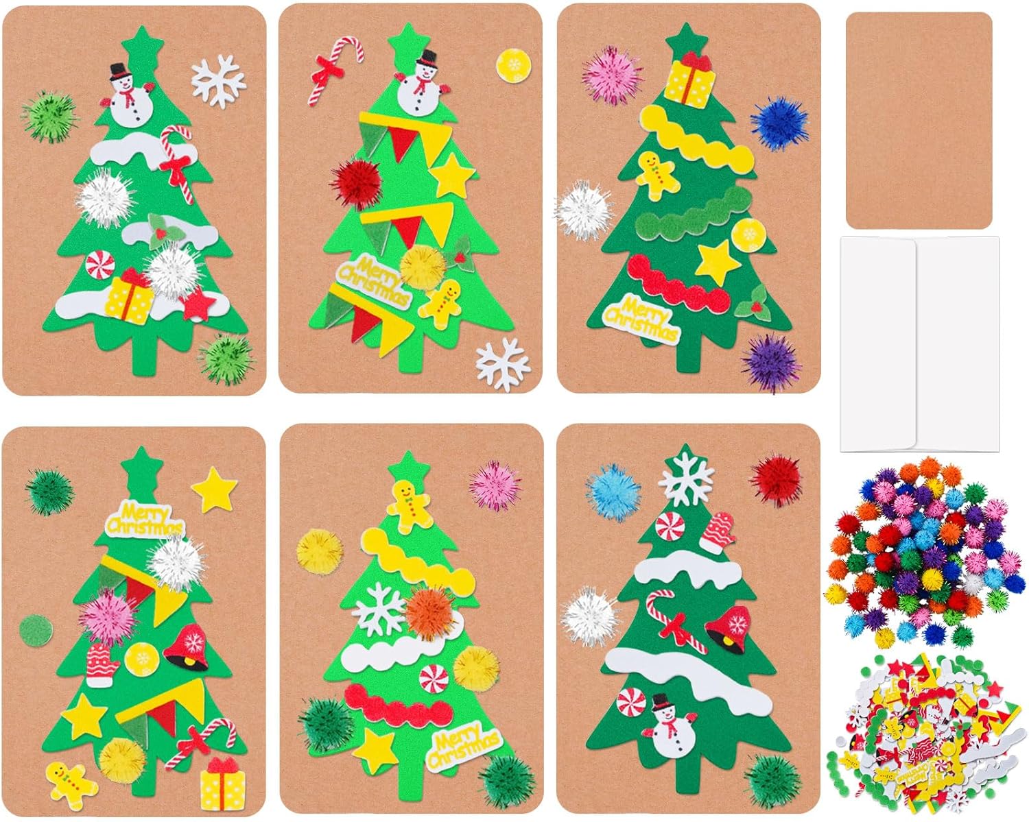 Whaline 420Pcs Christmas Card Making Craft Kit with Xmas Tree Pom Pom Stickers & Envelopes Handmade Invitation Greeting Card Supplies for Holiday DIY Crafts Party Decor