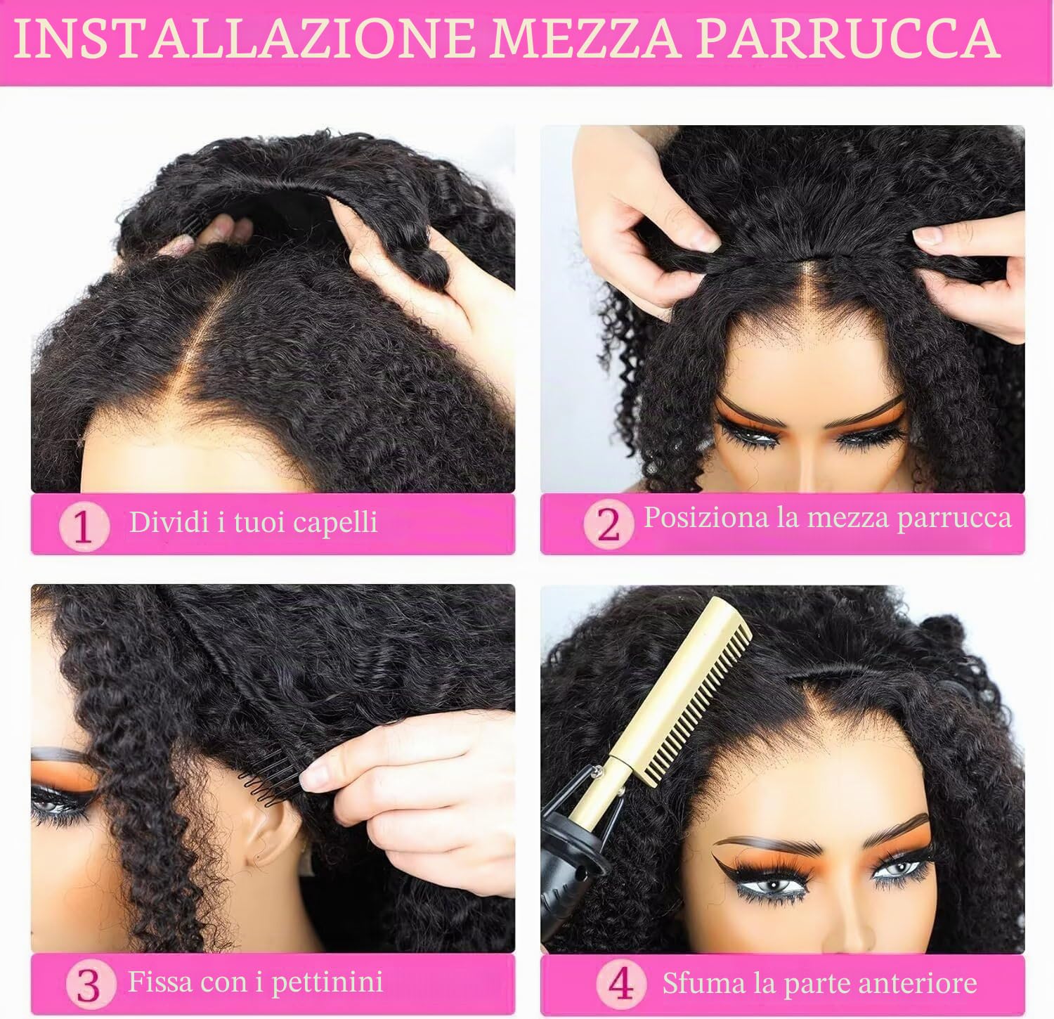 Parrucca Donna Capelli Veri Umani Kinky Curly Half Wig Human Hair Wear Go Glueless Wigs Curly 3 In 1 Half Wigs Drawstring Seamless Flip Headband Wig Beginner Friendly Parrucca Riccia Donna 14 Inch