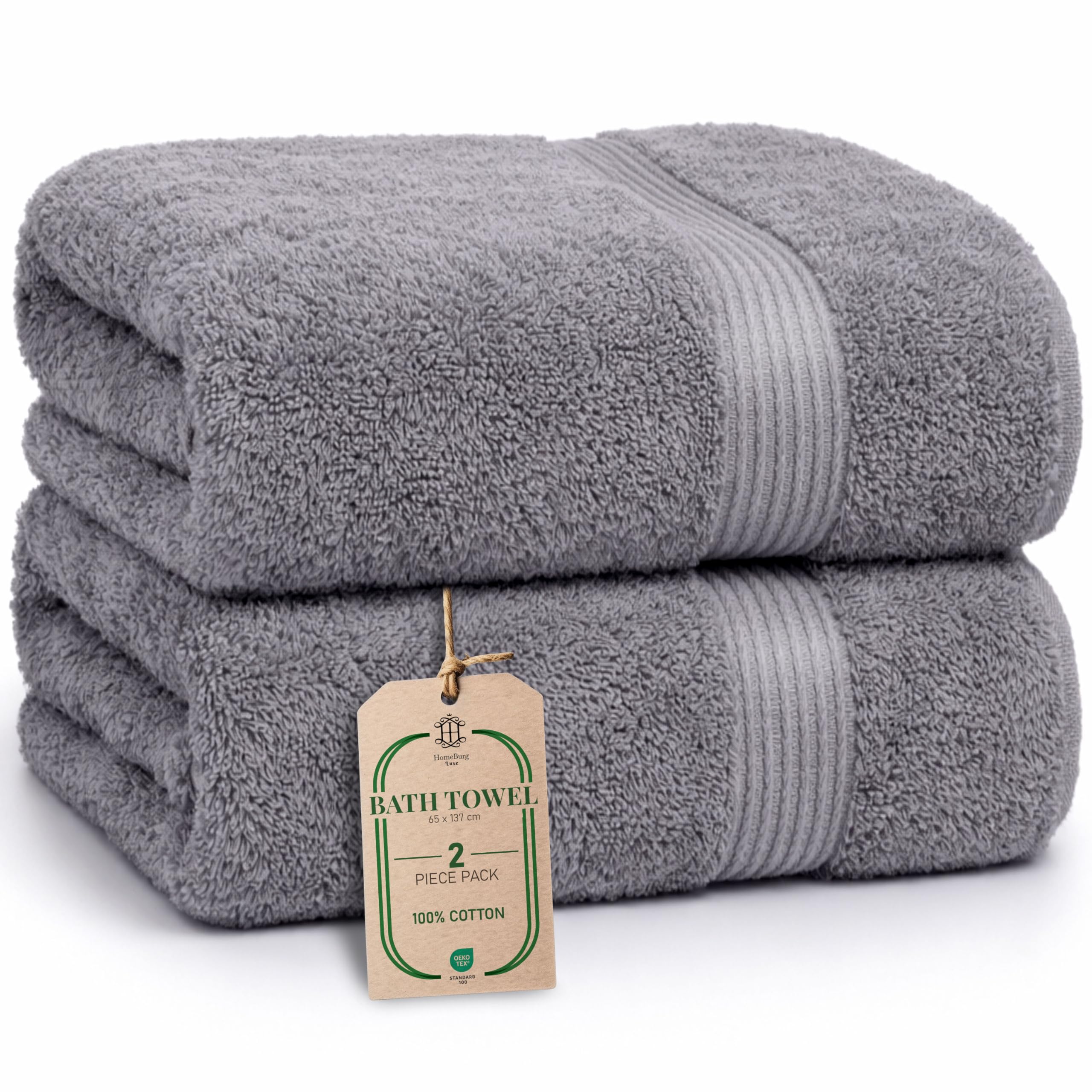 HomeBurg Luxe 2-Piece Bath Towel Set – Large Soft Cotton Towels, Absorbent, Durable & Skin-Friendly, Machine Washable, 65 x 137 cm, Stone Grey