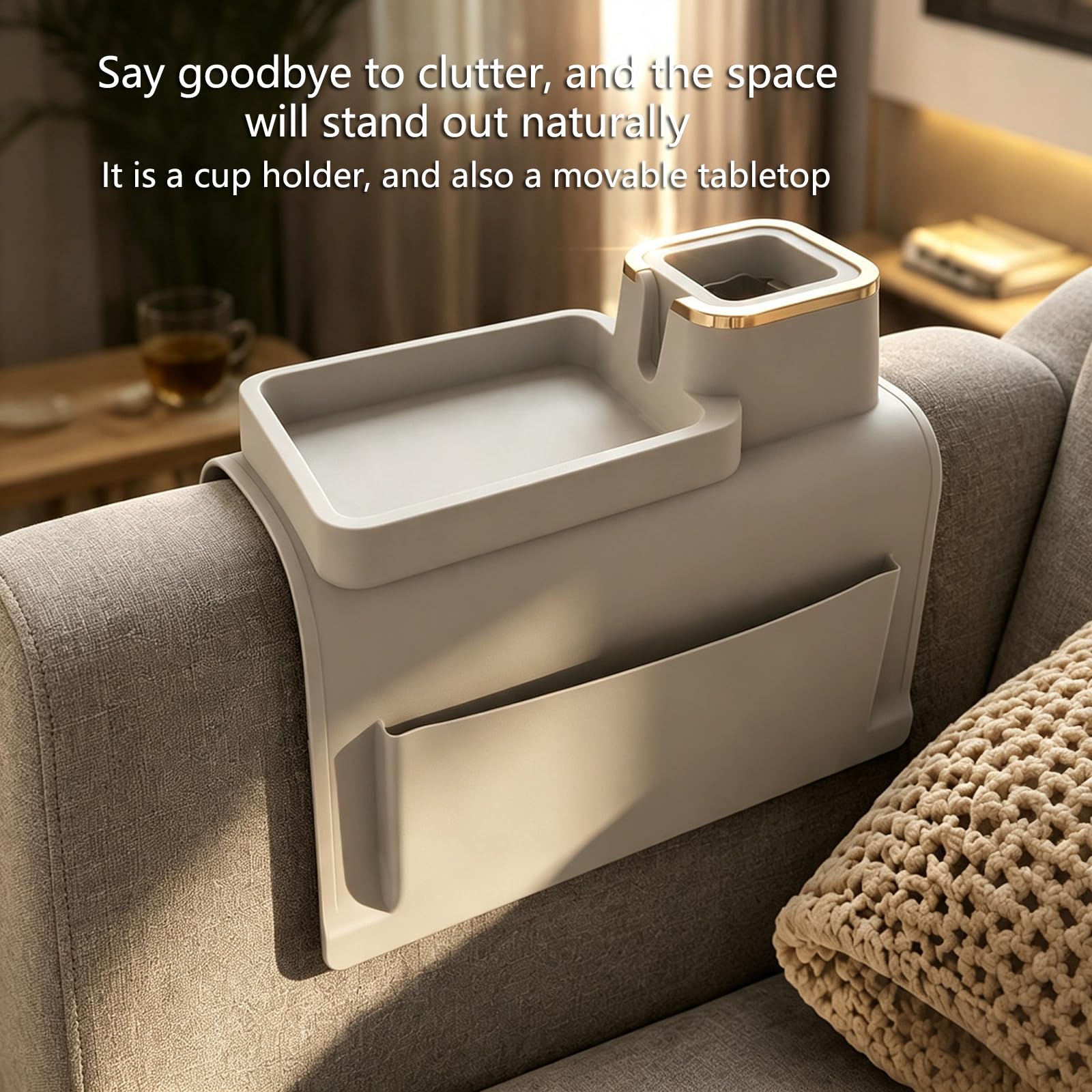 COOLHOOD Bandeja para reposabrazos de sofá con portavasos, color gris