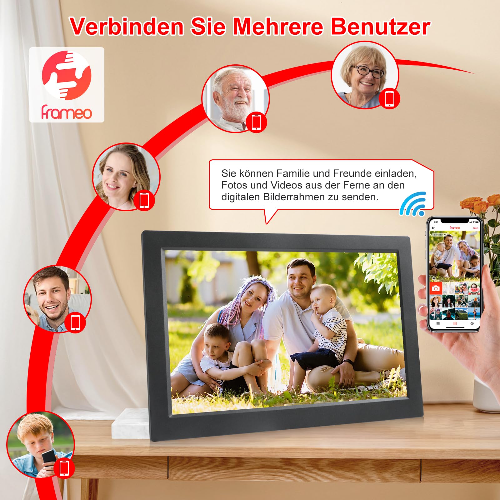 FRAMEO 10,1 Zoll Digitaler Bilderrahmen WLAN, 1280x800 HD IPS LCD Touchscreen Smart Cloud-Fotorahmen mit 16GB Speicher, Auto Drehung, Einfache Weitergabe von Fotos Videos über Frameo App
