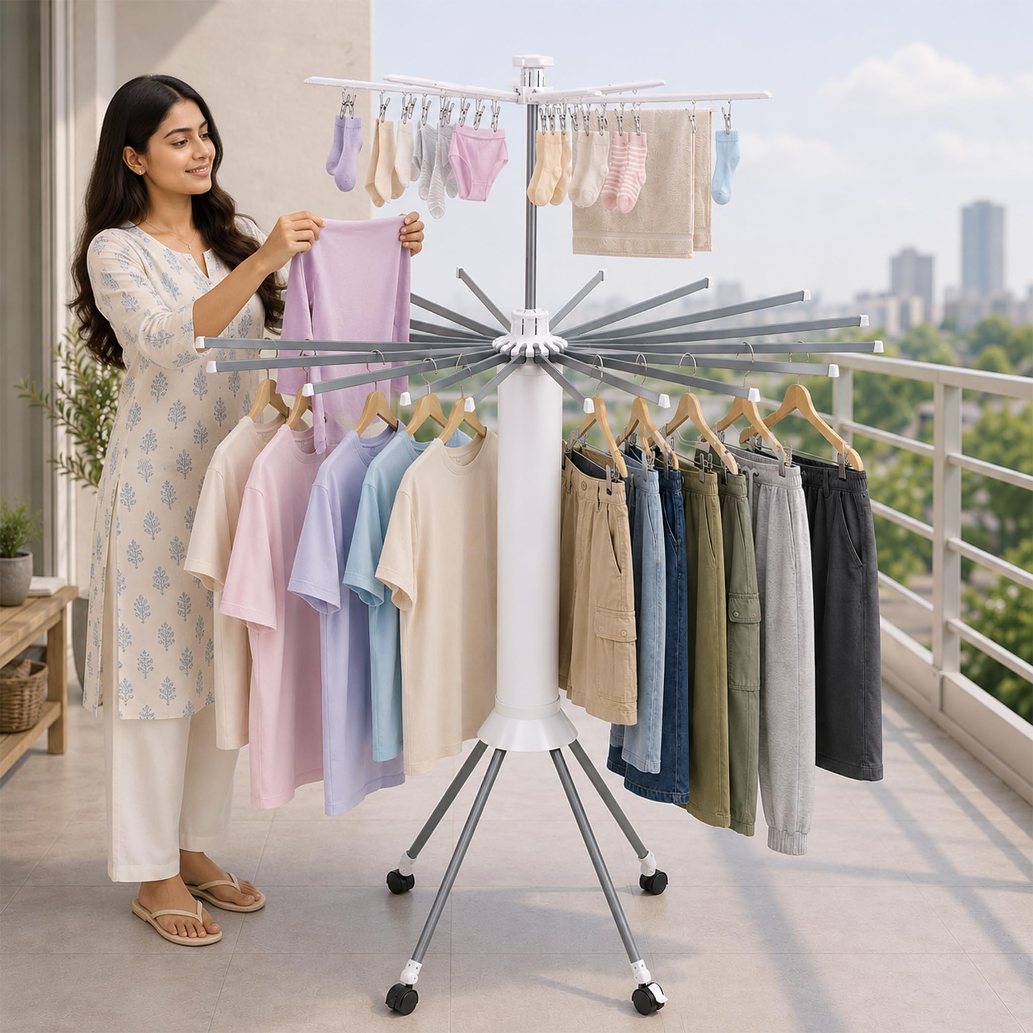 TEX-RO Octopus Foldable Rotating Clothes Drying Rack, 360° Multi-Layer Laundry Drying Stand with Lockable Wheels, Heavy Duty Space Saving Cloth Dryer Stand for Home & Balcony, White-image-17