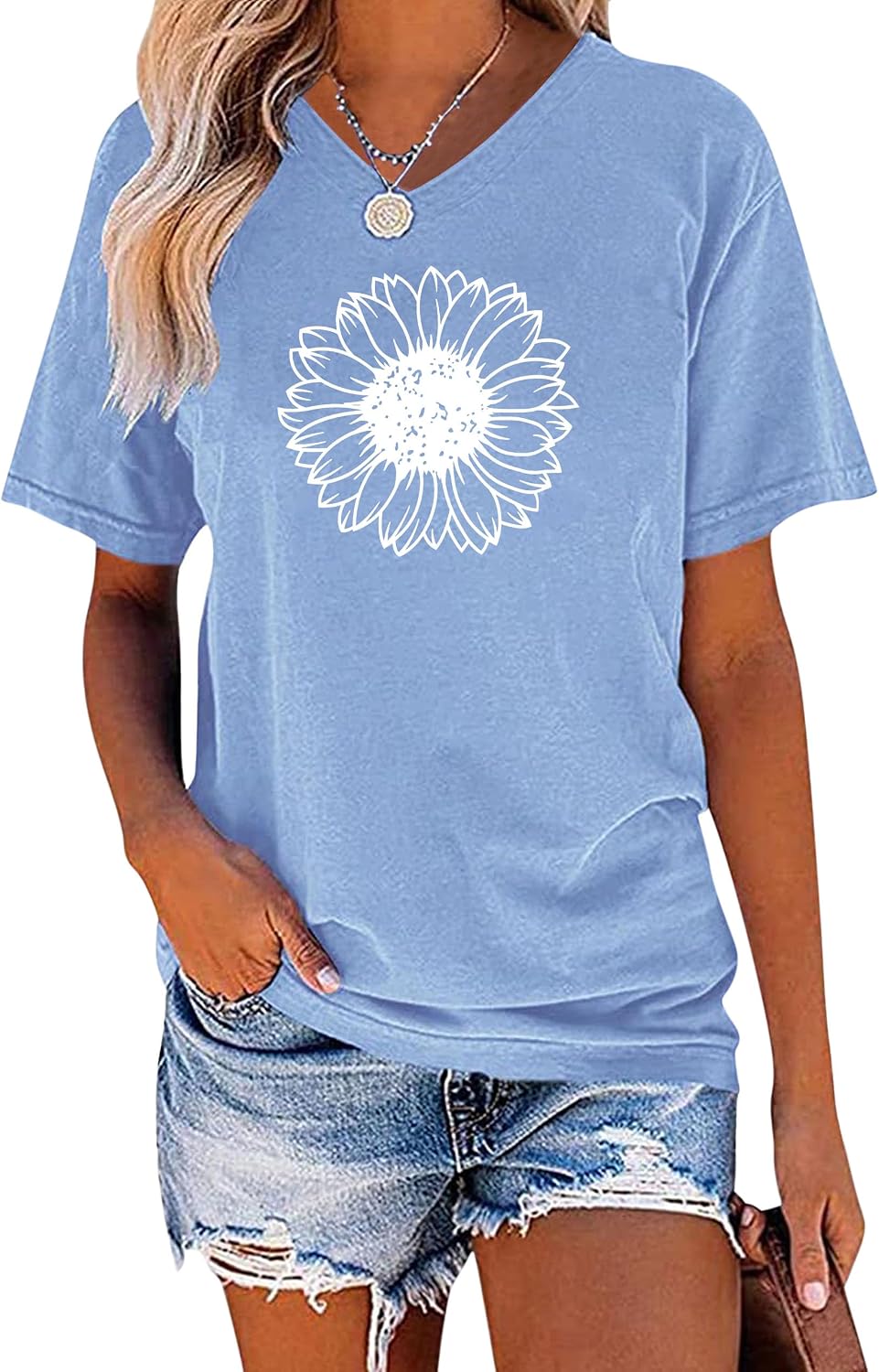EADINVE Womens Sunflower Graphic Printed Tee Short Sleeve V Neck Summer Top