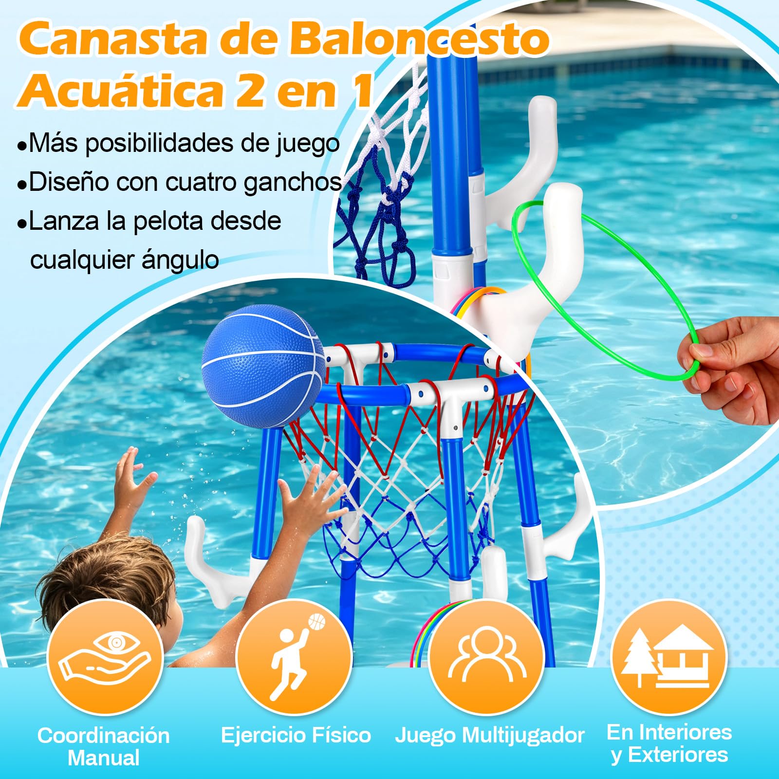 Canasta de Baloncesto Piscina, 2-en-1 Canasta Baloncesto Flotante para Piscina con 2 Pelotas, 12 Anillas y Bomba, Juego de Agua para Adultos Niños