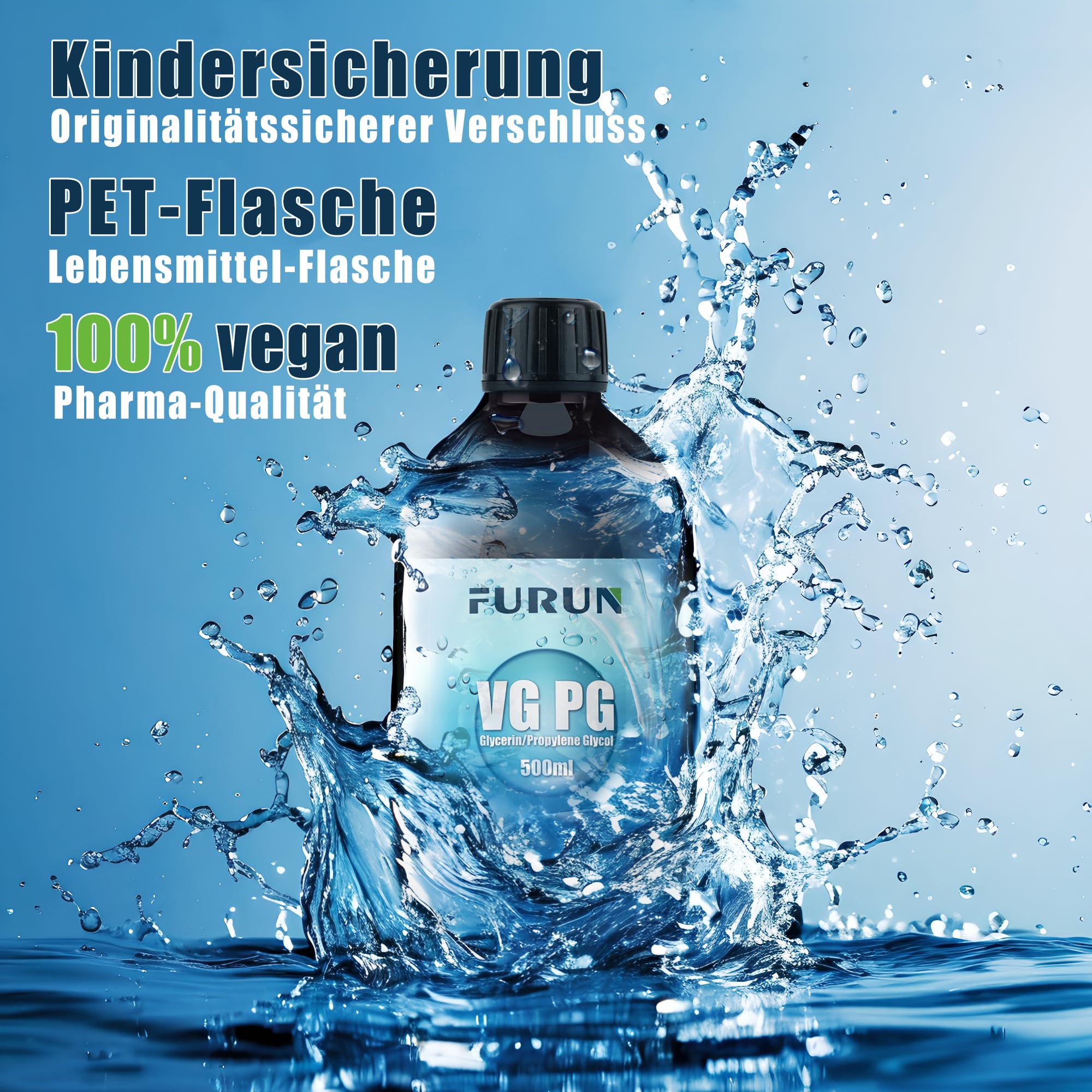 FURUN 50% VG Glycerin / 50% PG Propylenglykol, 2 x 500ml, E422 E1520 | Pharma-Qualität, Reinheit >99,9%, Vegan, 0% Zusatzstoffe, Kindersichere PET-Apothekerflasche