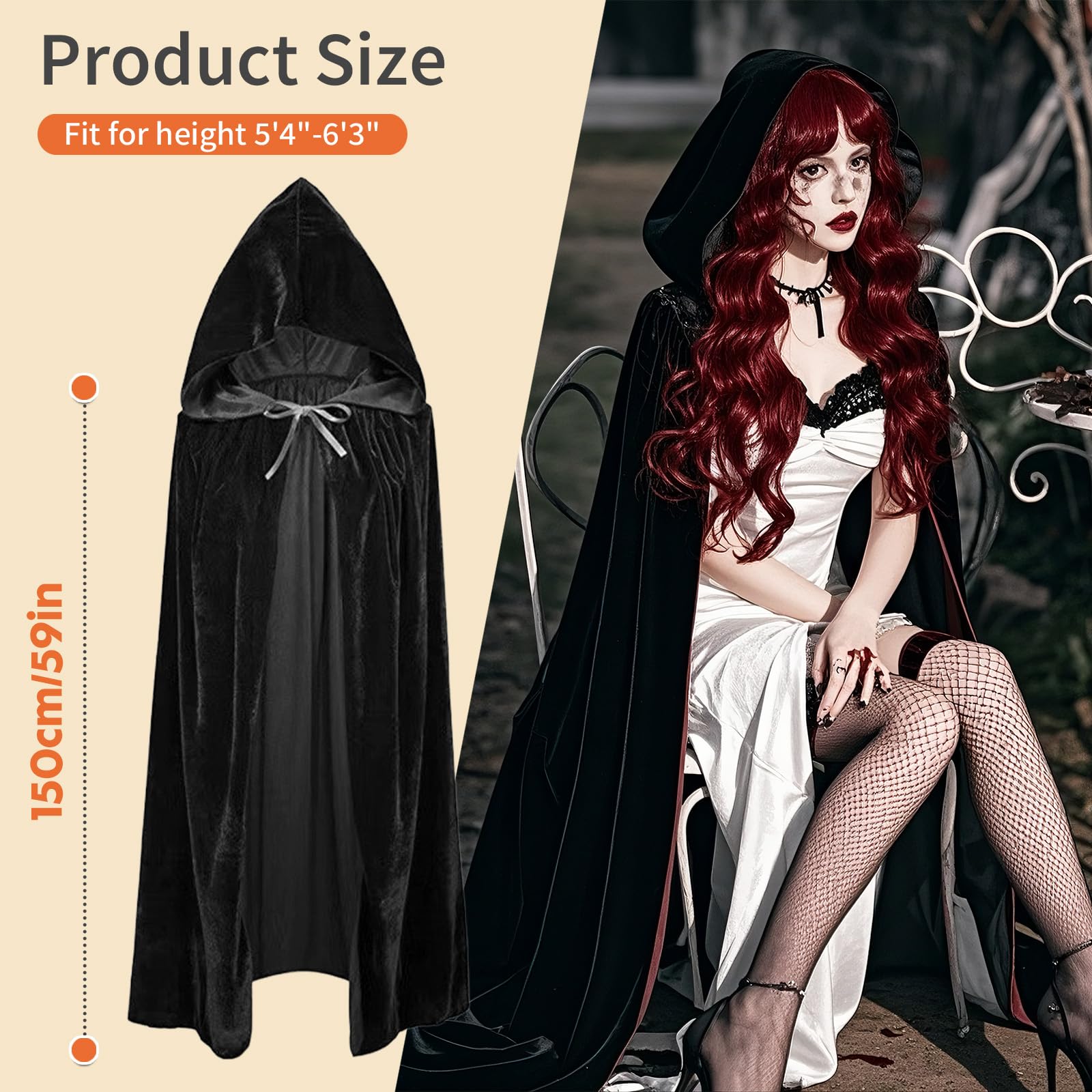 Pinkgraden Velvet Cape Full Length Hooded for Adults Halloween Christmas Fancy Cape (Black, 150cm) - Image 4