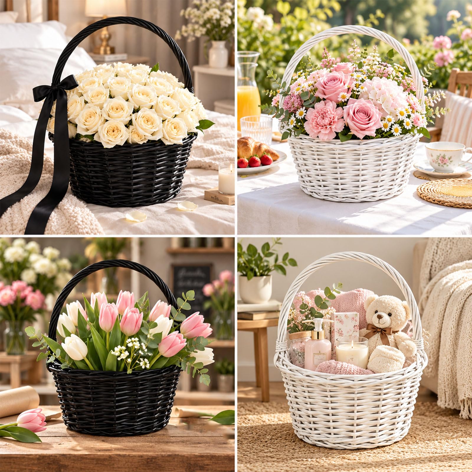 Cestino in rattan intrecciato con manici per picnic e gite, D