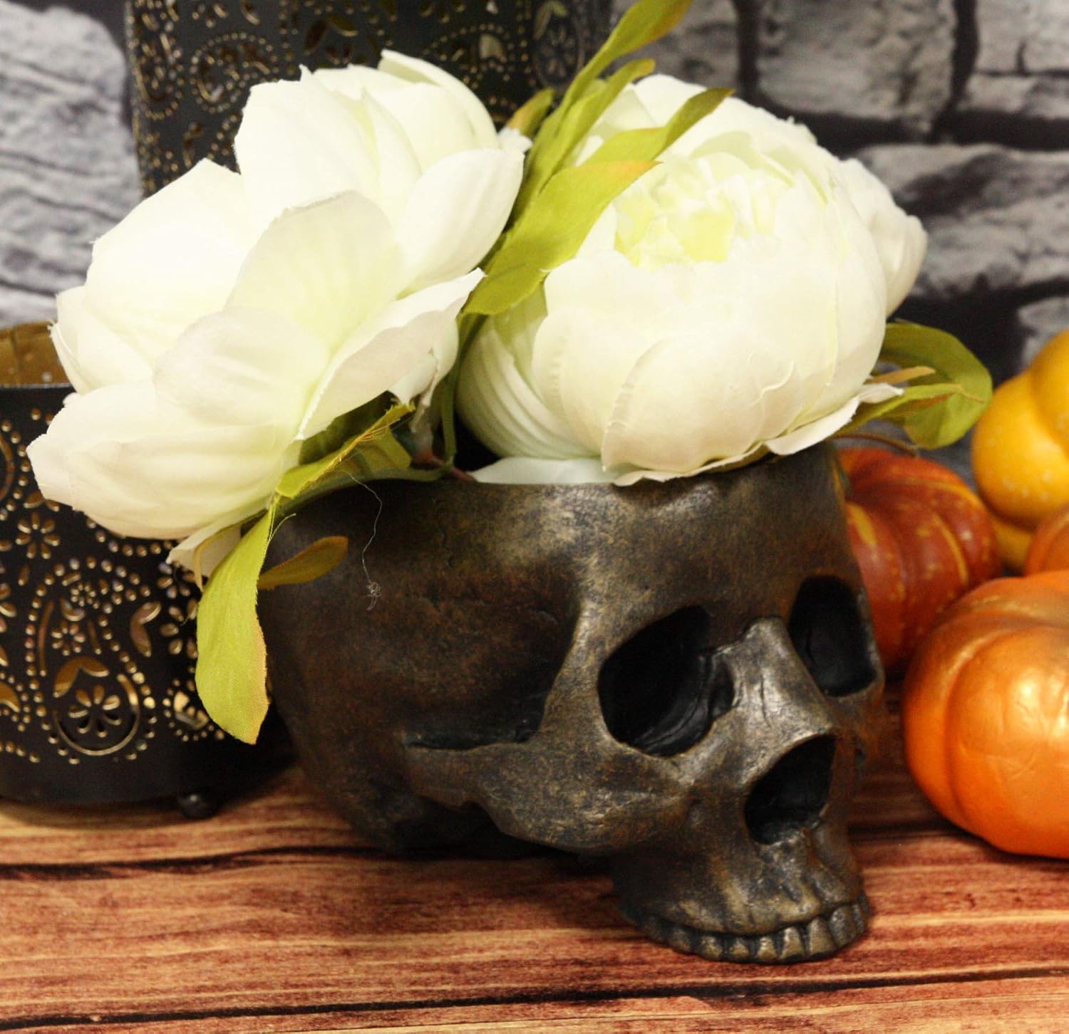Ebros Gift Faux Bronze Patina Resin Day Of The Dead Skull Bowl Container Figurine 6.5"Long Skeleton Head Small Gardening Planter Sculptural Vessel Treat Candy Decorative Bowls Halloween Macabre Accent