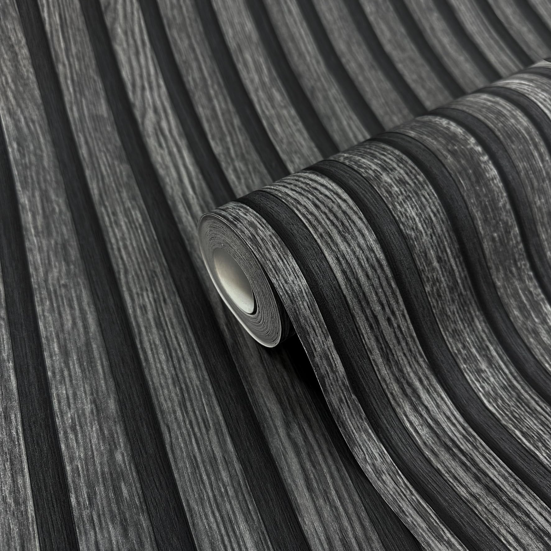 WALLCOVER Carta da Parati Effetto Legno 3D - Pannelli Acustici Moderni - Colore Nero, Grigio - 10,05 m x 0,53 m