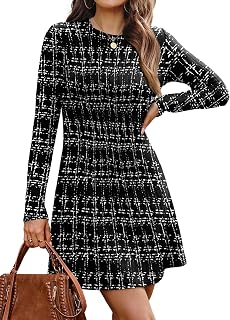 OFEEFAN Women's Fall Winter 2025 Long Sleeve Crew Neck Sweater Dress - Ribbed Knit A-Line Midi for Casual & Holiday