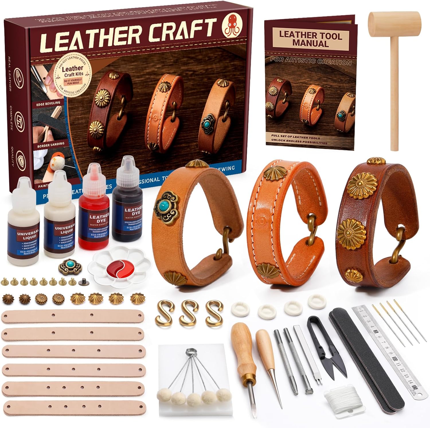 CBHGFEA Leather Crafting Kit, Leather Working Kit, Craft Kits for Adults, Leather Crafting Tools with a Wristband Making Video Tutorial for DIY Beginners