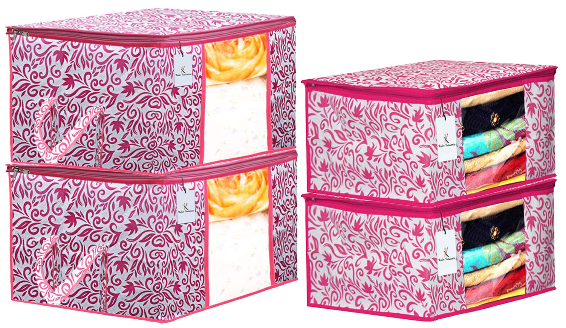 Kuber Industries Leaf Design Non Woven 2 Pieces Saree Cover and 2 Pieces Underbed Storage Bag, Cloth Organizer for Storage, Blanket Cover Combo Set (Pink) -CTKTC038656
