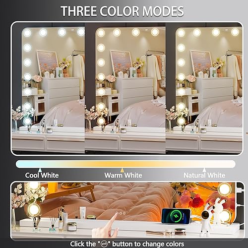 Miniatura 4 de Hasipu Espejo de tocador con luces, espejo de maquillaje de 40 x 32 pulgadas, espejo iluminado con 19 luces LED regulables y aumento de 10X, 3 modos