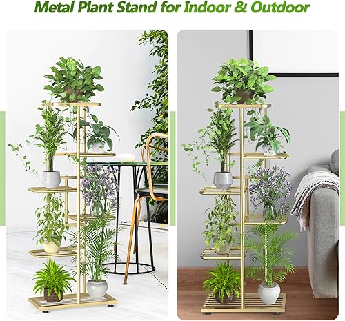 Miniatura 5 de Soporte para plantas de 6 niveles y 7 macetas doradas para interiores y exteriores con herramientas de jardinería y guantes, estante de metal