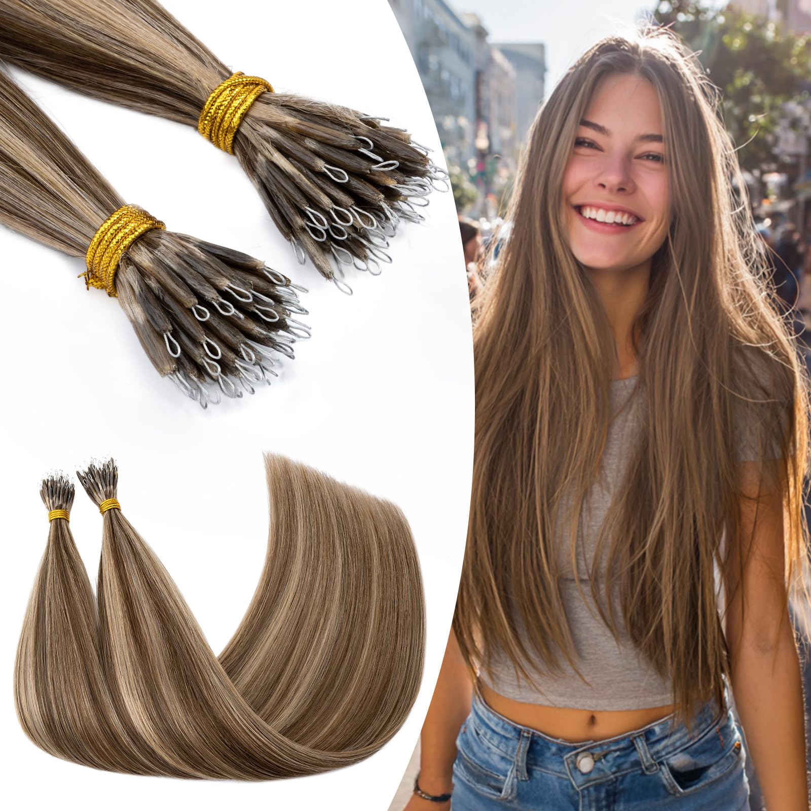 S-noilite Nano Hair Extensions Real Human Hair Medium Brown/Dark Blonde