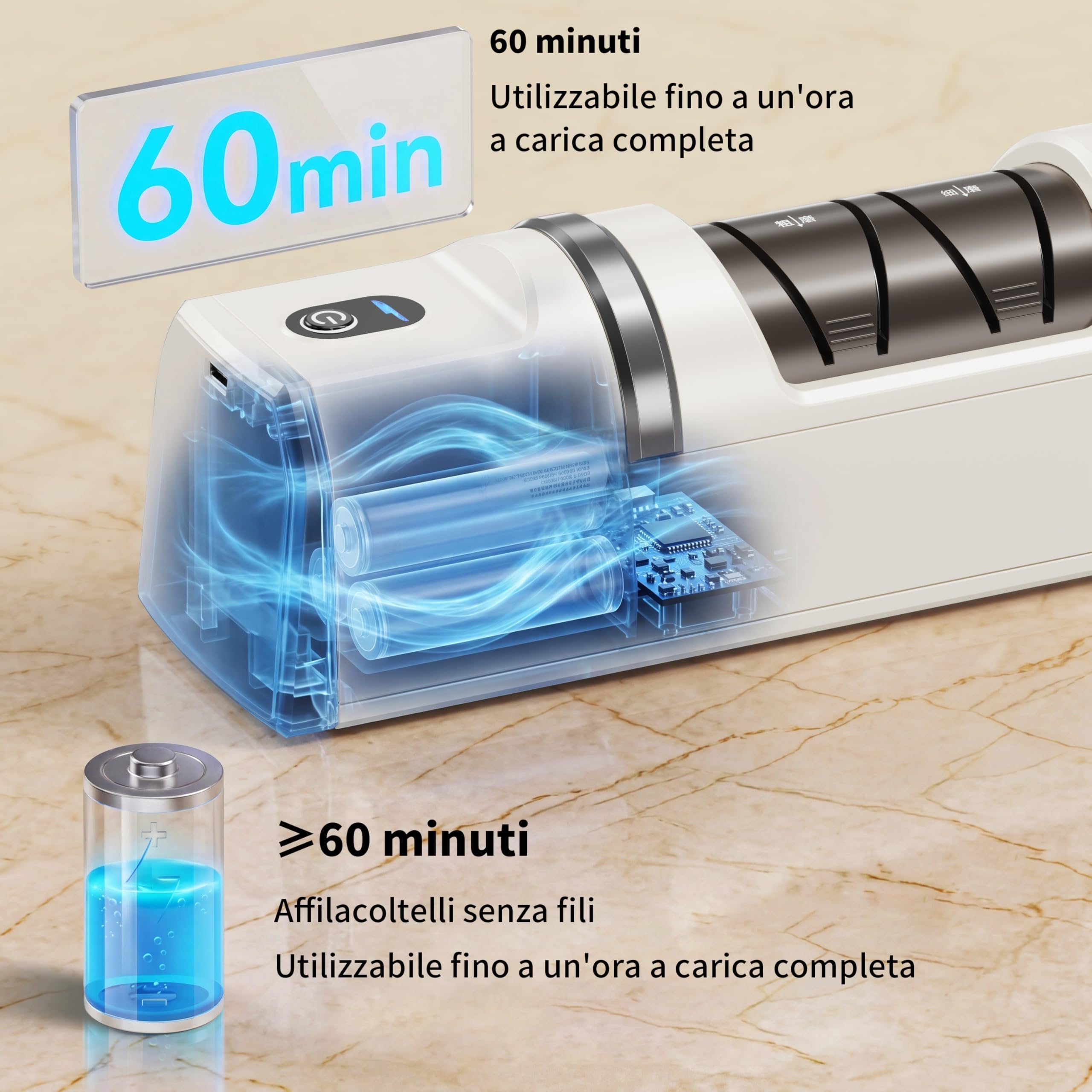 Affilacoltelli elettrico, Sistema di affilatura coltelli 5 in 1 con 3 velocità, affilacoltelli professionale ricaricabile con diamante per affilatura grossolana e fine (bianco)