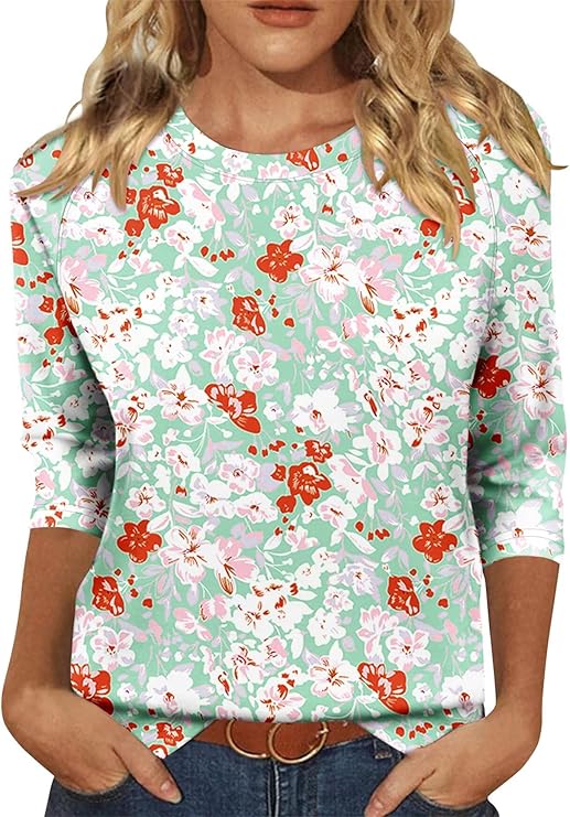 KISSMODA Tunic Tops for Women Loose Fit Dressy Round Neck Pleated 3/4 Length Sleeve Spring Tops