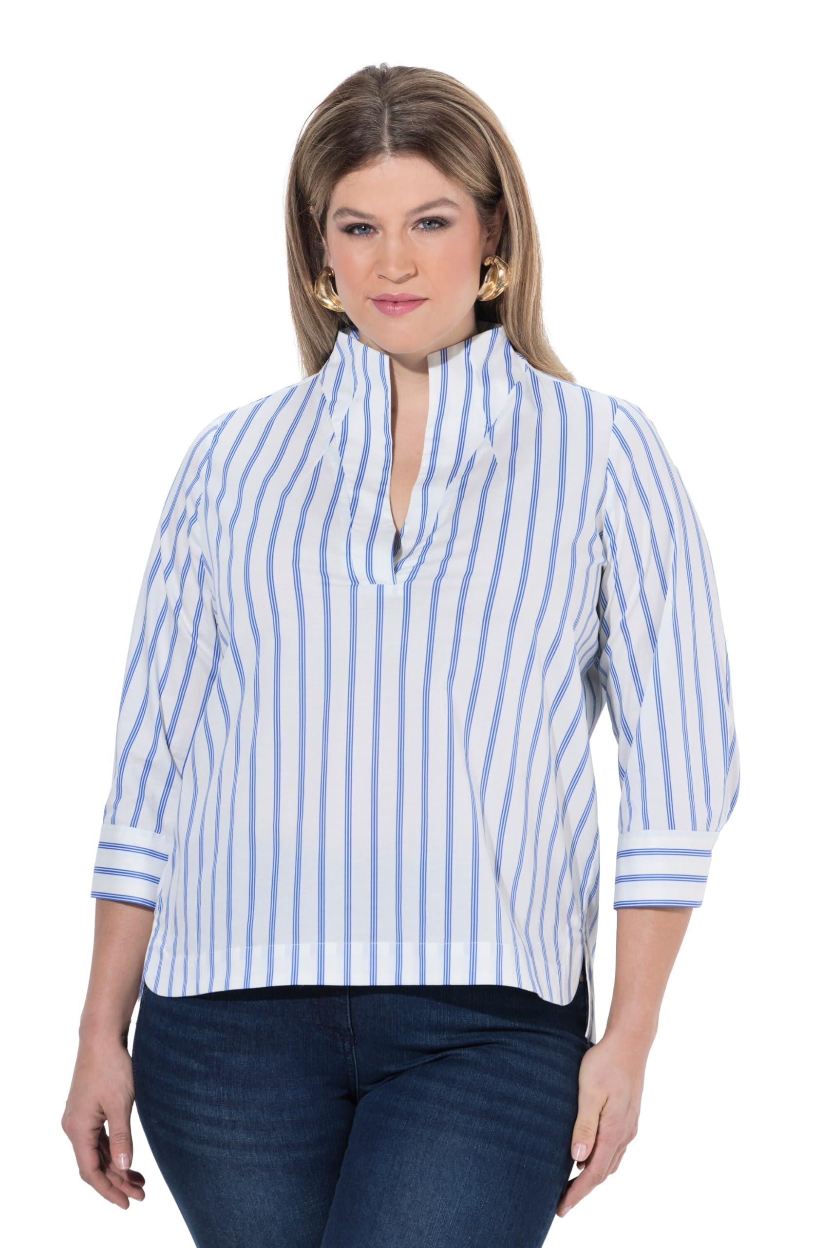 Ulla Popken Damen große Größen Übergrößen Plus Size Tunika, Streifen, Kelchkragen, 3/4-Arm, hinten länger 846774