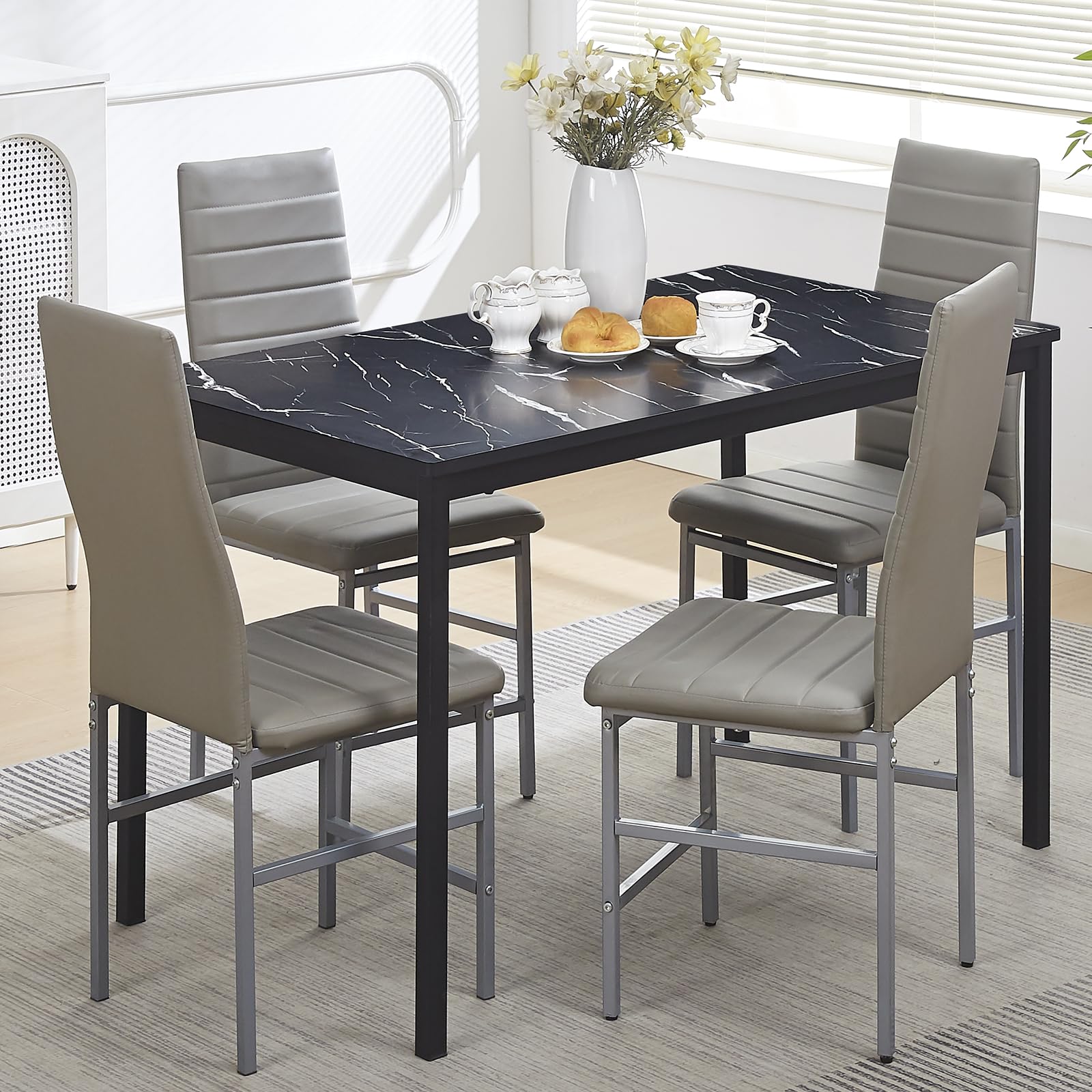 paonne 5-Pieces Rectangular Dining Room Set for 4, Faux Marble Black Kitchen Table & Grey PU Leather Chairs for Home Kitchen/Dinette/Restaurant
