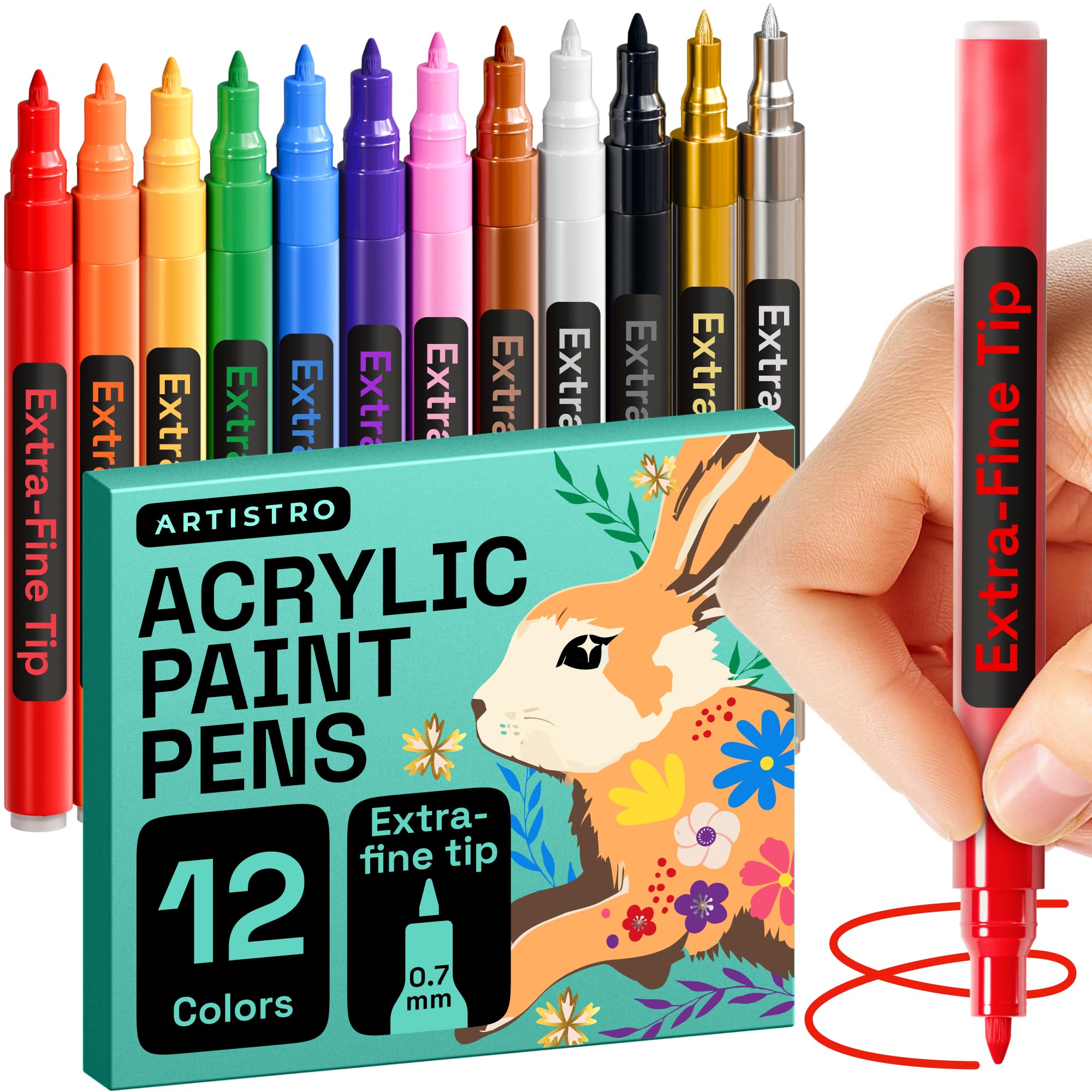 ARTISTRO 12 Acrylic Paint Pens, Fabric Markers for Textile, Rock, Glass, Wood, Paper, Ceramic, Canvas DIY Art Supplies Kit, Drawing Markers for Kids and Adults (Extra Fine Tip)