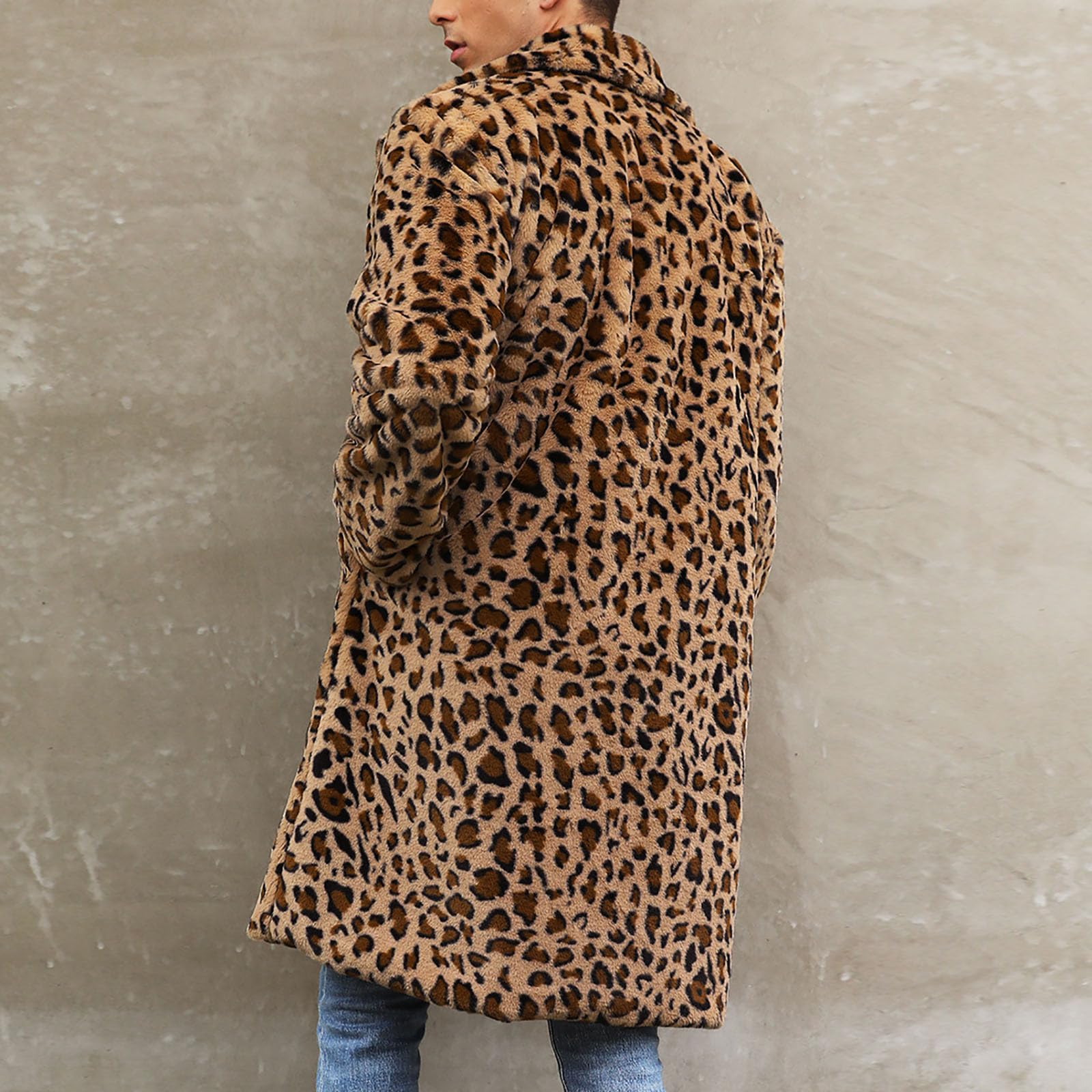 KHIRVWL Herren Pelzmantel Leopard Mantel Elegant Wintermantel Warme Kunstpelz Flauschige Mode Mantel Oversize Wintermantel Faux Fur Flauschige Fellmantel Kunstpelzmantel Lang