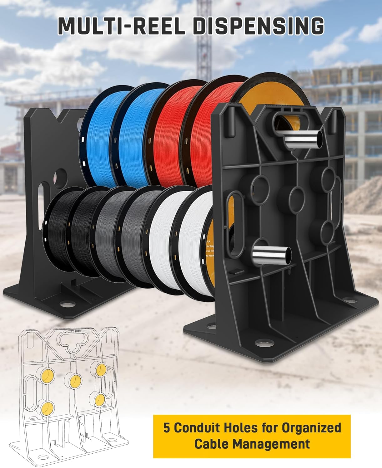 Wyckoff Wire Spool Rack, Electrical Wire Dispenser & Cable Reel Caddy, Multi-purpose Spool Holder Stand Fits up to 34" Reels and Load Capacity 330 LBS -1 Pair (Black)