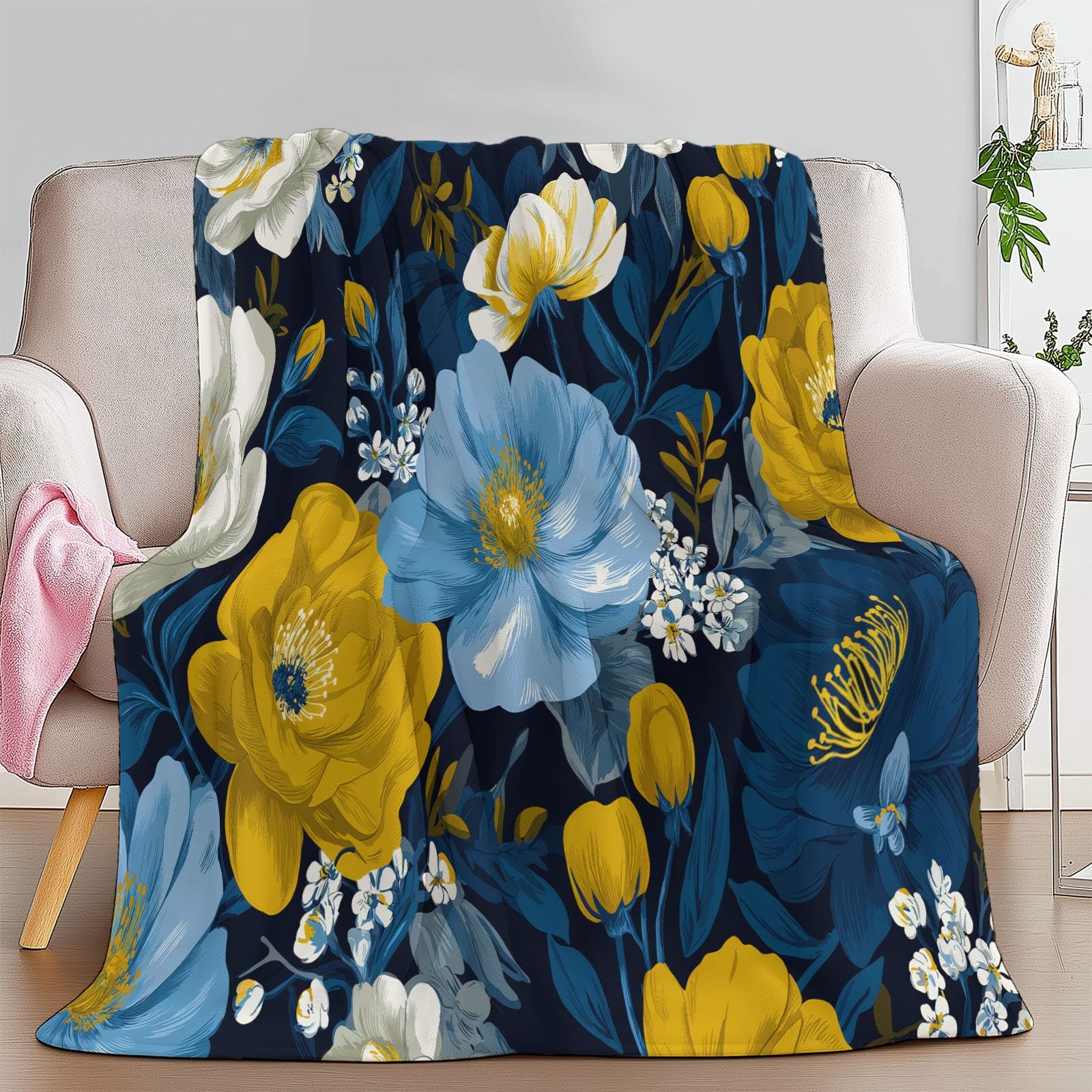 Manta de franela mullida de 220 x 240 cm, de lujo de plantas y flores, manta para sofá y cama como manta de sofá, manta de forro polar de microfibra suave como colcha y manta de sofá, color azul
