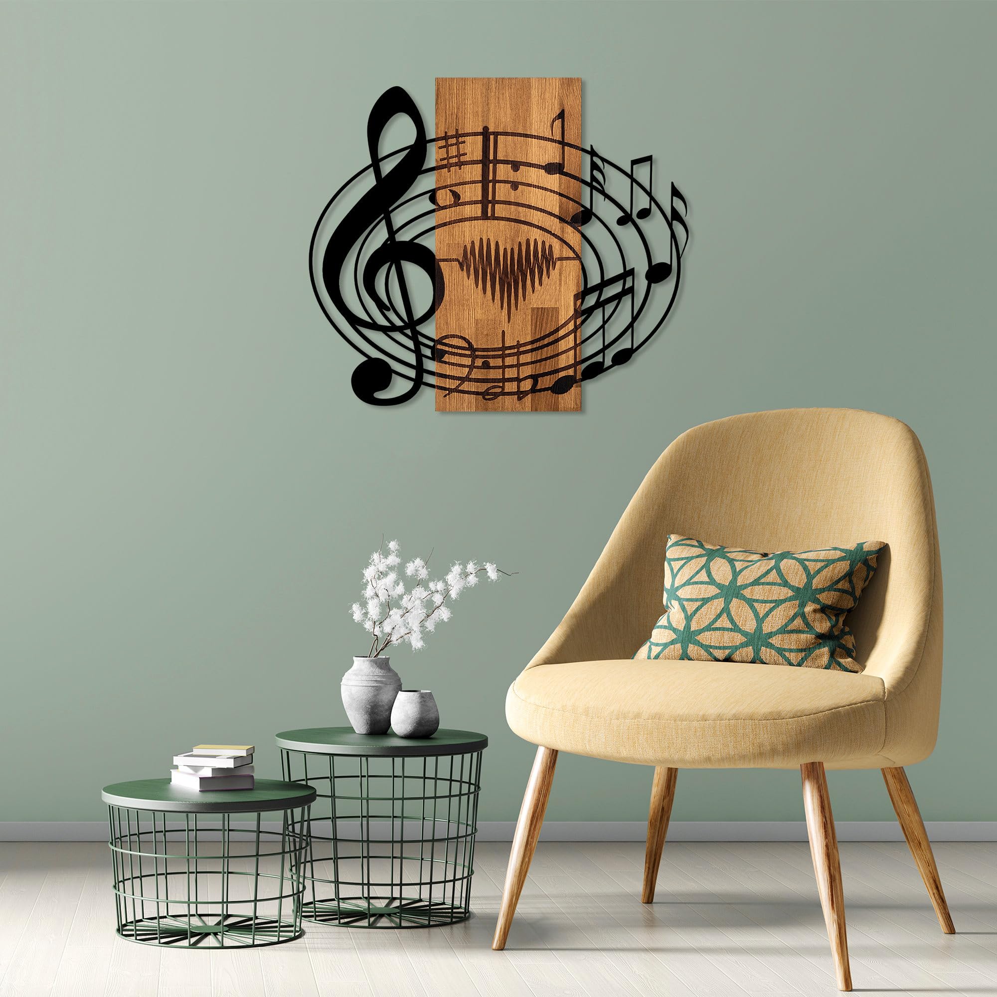 Elegant Decorative Wooden Wall Accessory, 58 x 67 cm, 50% Wood (3 cm Thick) & 50% Metal, Unique Walnut & Black Finish, Perfect for Modern Decor