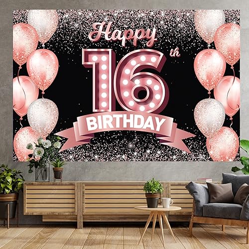 Miniatura 5 de Cartel de feliz cumpleaños número 16 de oro rosa, telón de fondo de globos de confeti de 16 años, decoraciones temáticas para niñas de 16 años,