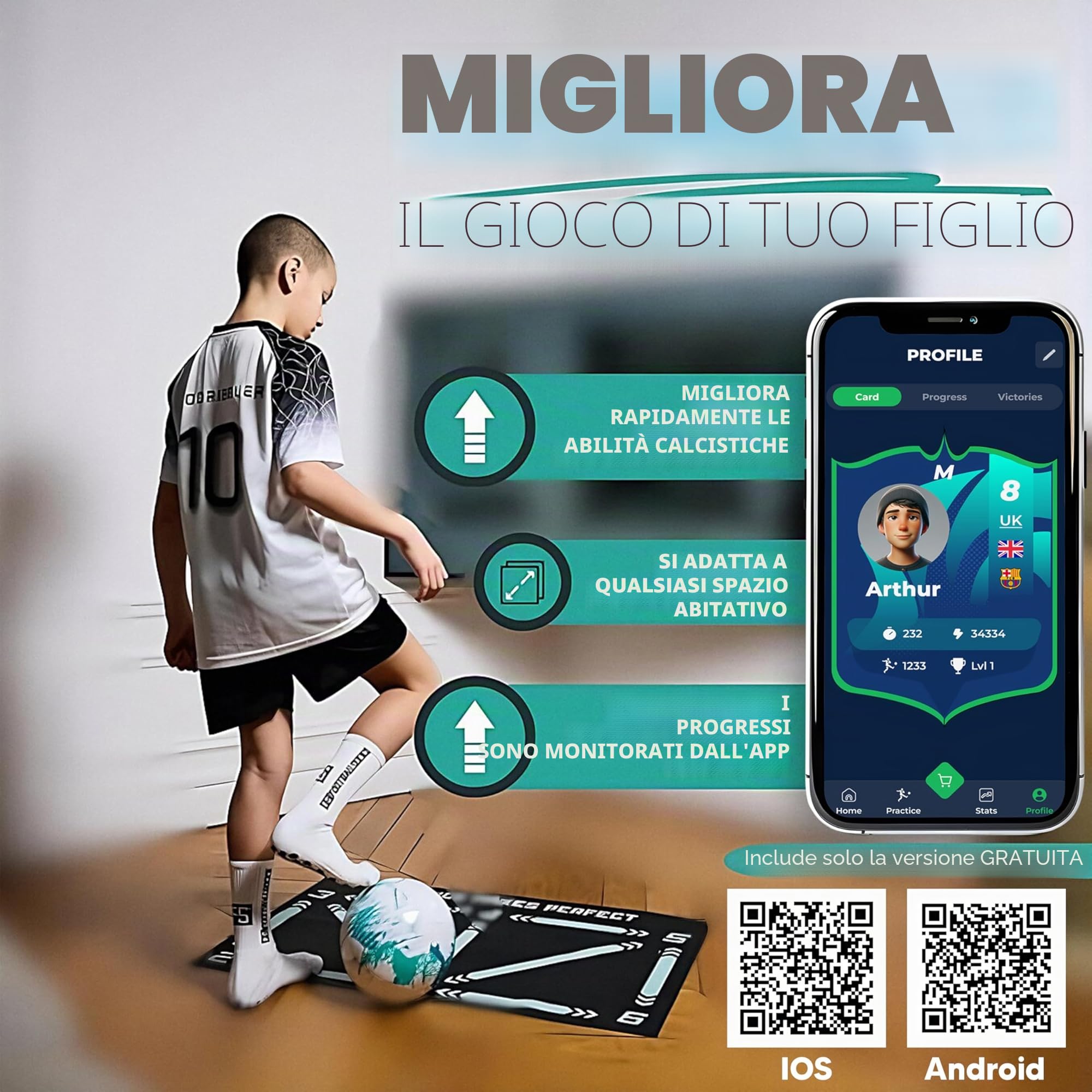 Soccer Mastery Skills - Tappetino per allenamento calcistico XL, 90 x 60 cm, con cintura da allenamento, controllo della palla e antistress, compatibile con app FPRO, regalo di compleanno per ragazzi