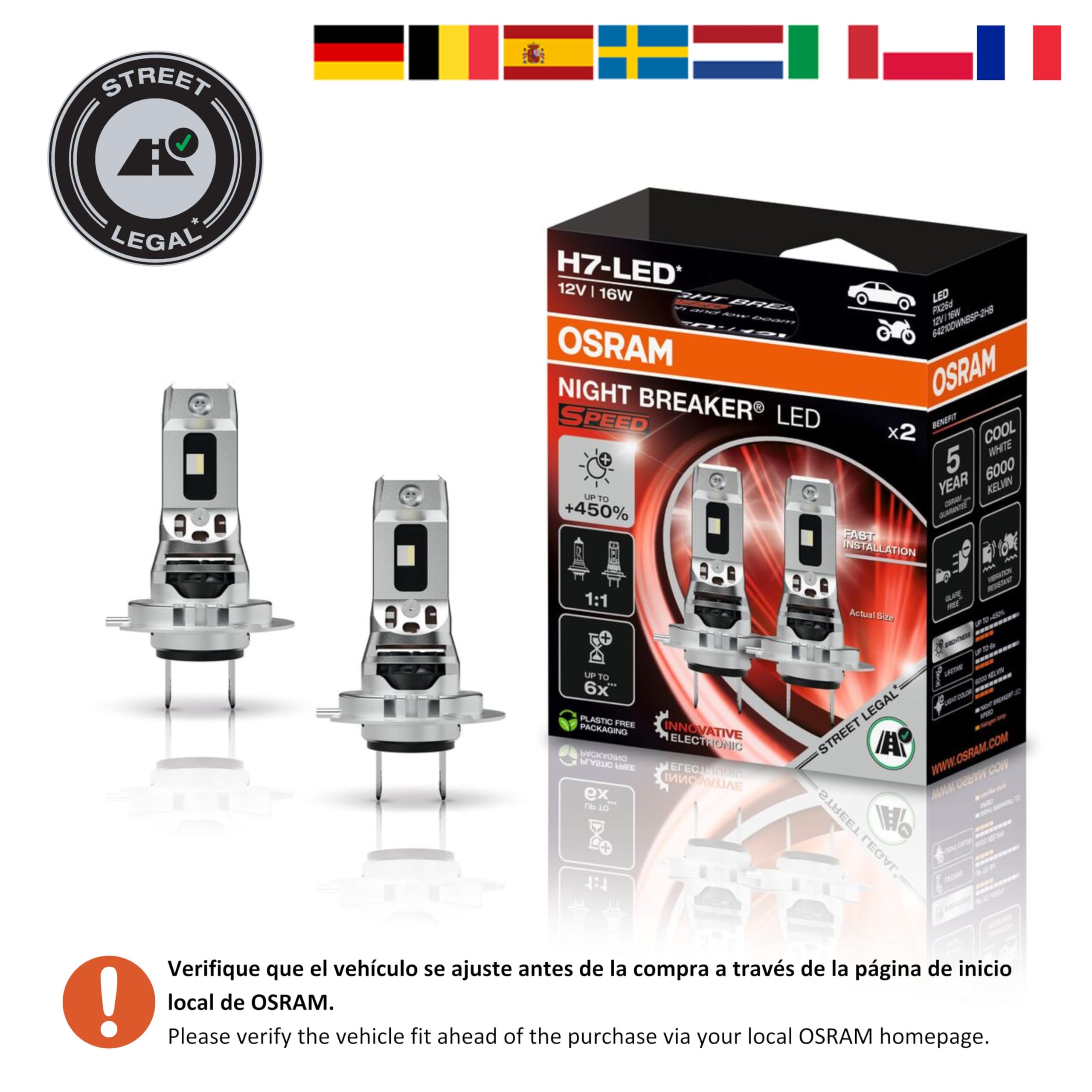 OSRAM NIGHT BREAKER LED SPEED H7 450, LED de luz de carretera y de cruce homologado para calle, hasta un 450% más de brillo, 6000K, sin necesidad de accesorios mecánicos, LEDEC02 integrado