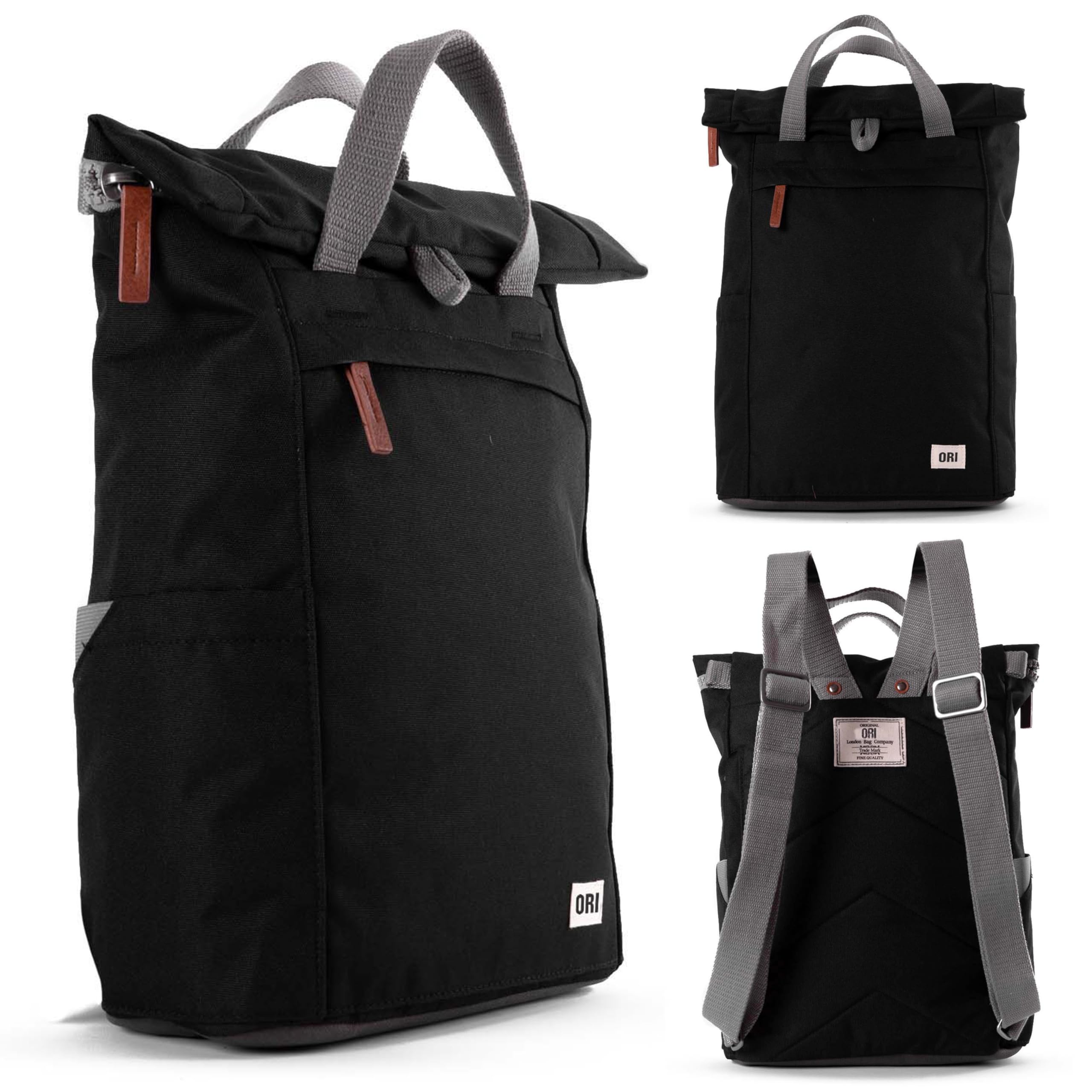 ORI LONDON Travel Backpack - Medium Water-Resistant Nylon Rolltop Laptop Backpack for Men & Women - The Finchley - Ash