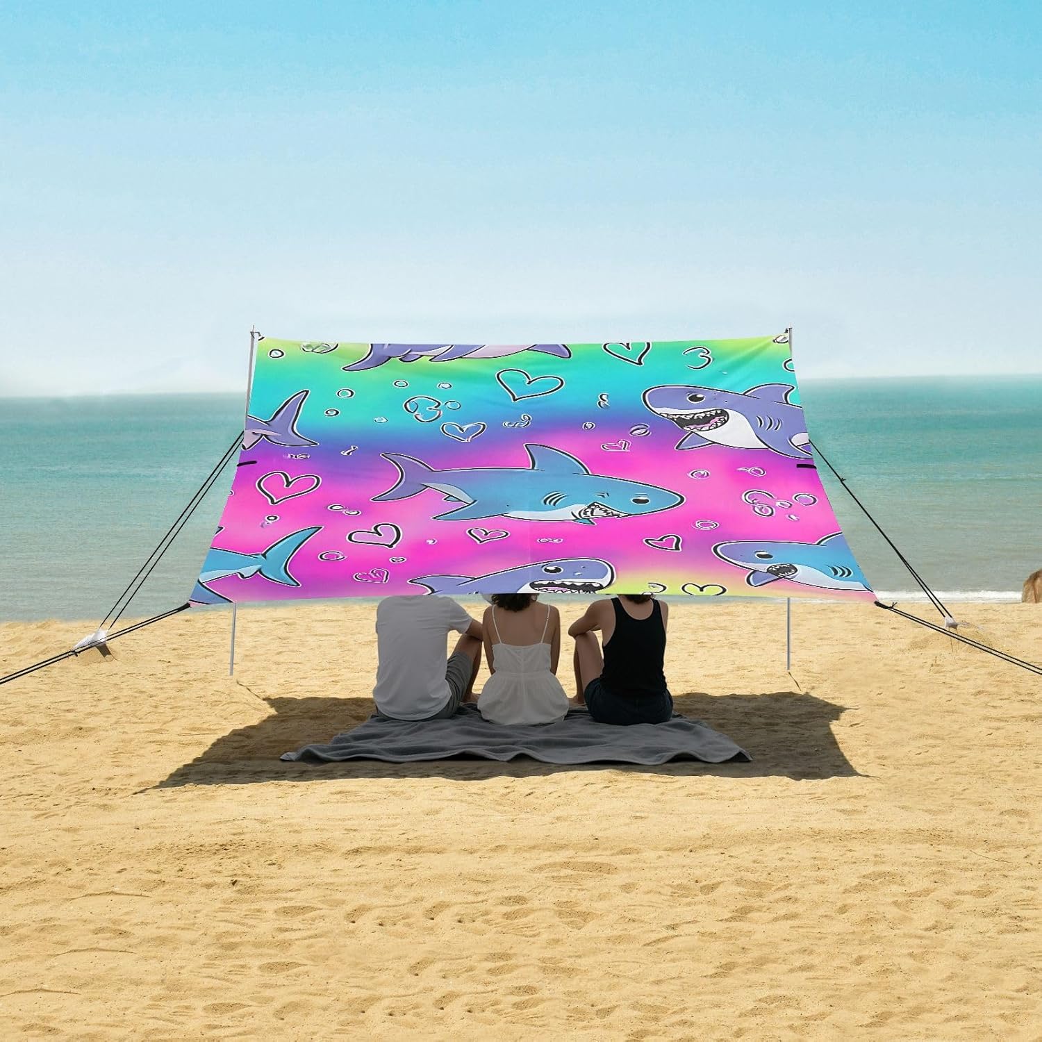 ALAZA Cute Shark Rainbow Hearts Beach Tent Sun Shelter UPF50+ Protection Beach Shade Canopy w/ 4 Sandbags for Outdoor Camping, Fishing, Backyard Fun, Picnic, 10x9 ft