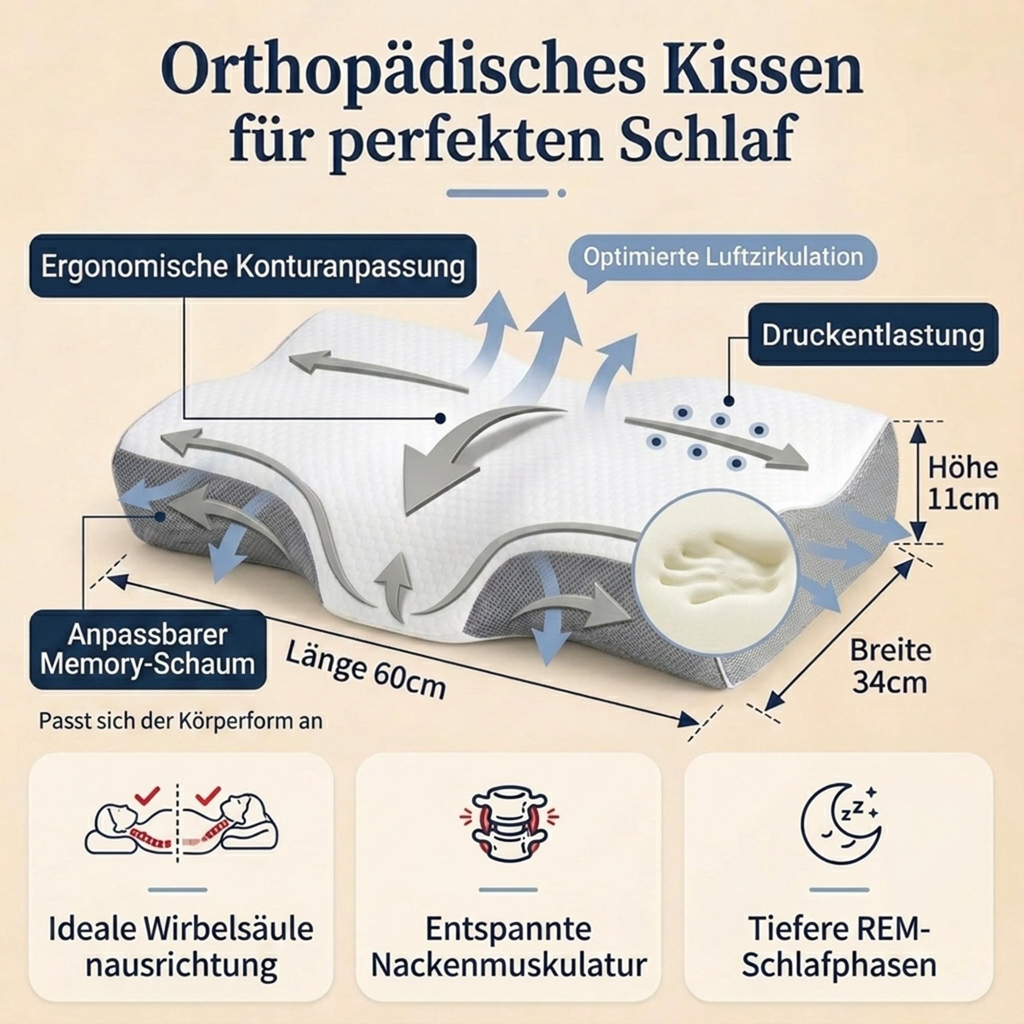Nackenkissen Orthopädisch – Ergonomisches Kopfkissen & Nackenstützkissen gegen Nackenschmerzen – Memory Foam Schlafkissen & Anti Schnarch Kissen