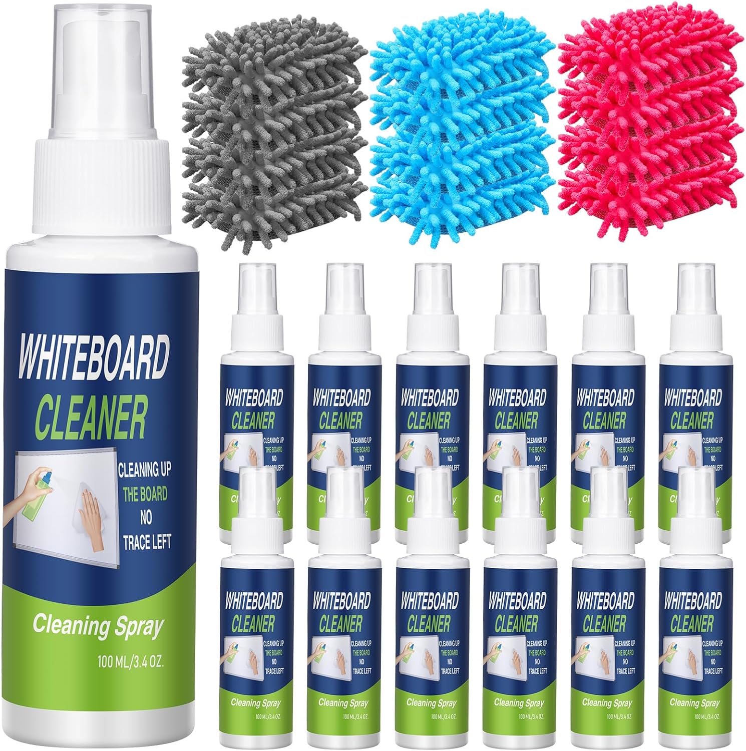 Fuyoooo 24 Pcs Whiteboard Cleaner and Eraser 3.4 Fl oz Whiteboard Cleaning Spray with Dry Erase Eraser Microfiber Shag for Markers Classroom, Home and Office Use