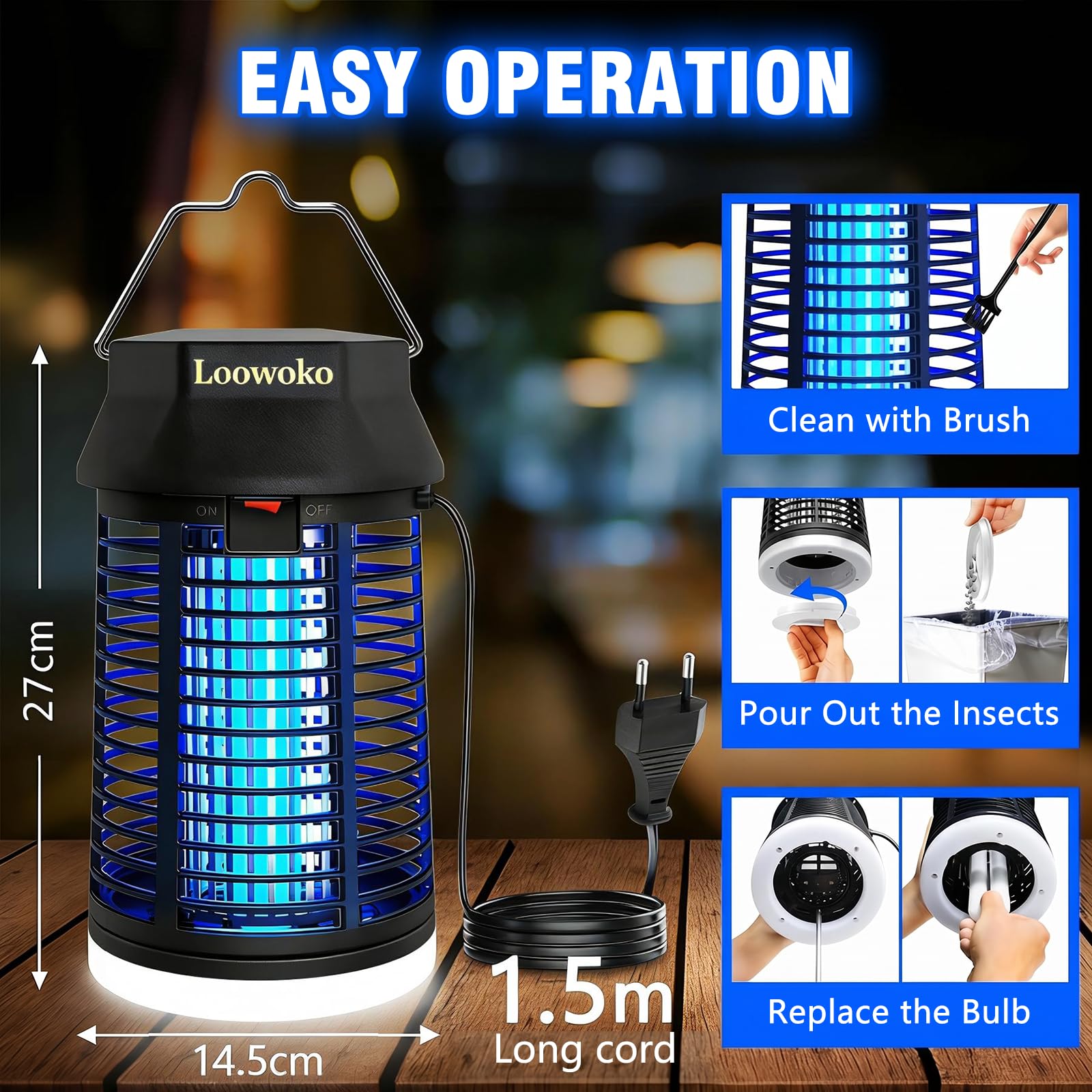 Loowoko Elektryczna pułapka na owady, z pilotem zdalnego sterowania, 4200 V, lampa na komary ze światłem LED, wodoszczelna, elektryczna pułapka na muchy, lampa przeciw komarom, do użytku wewnątrz i na
